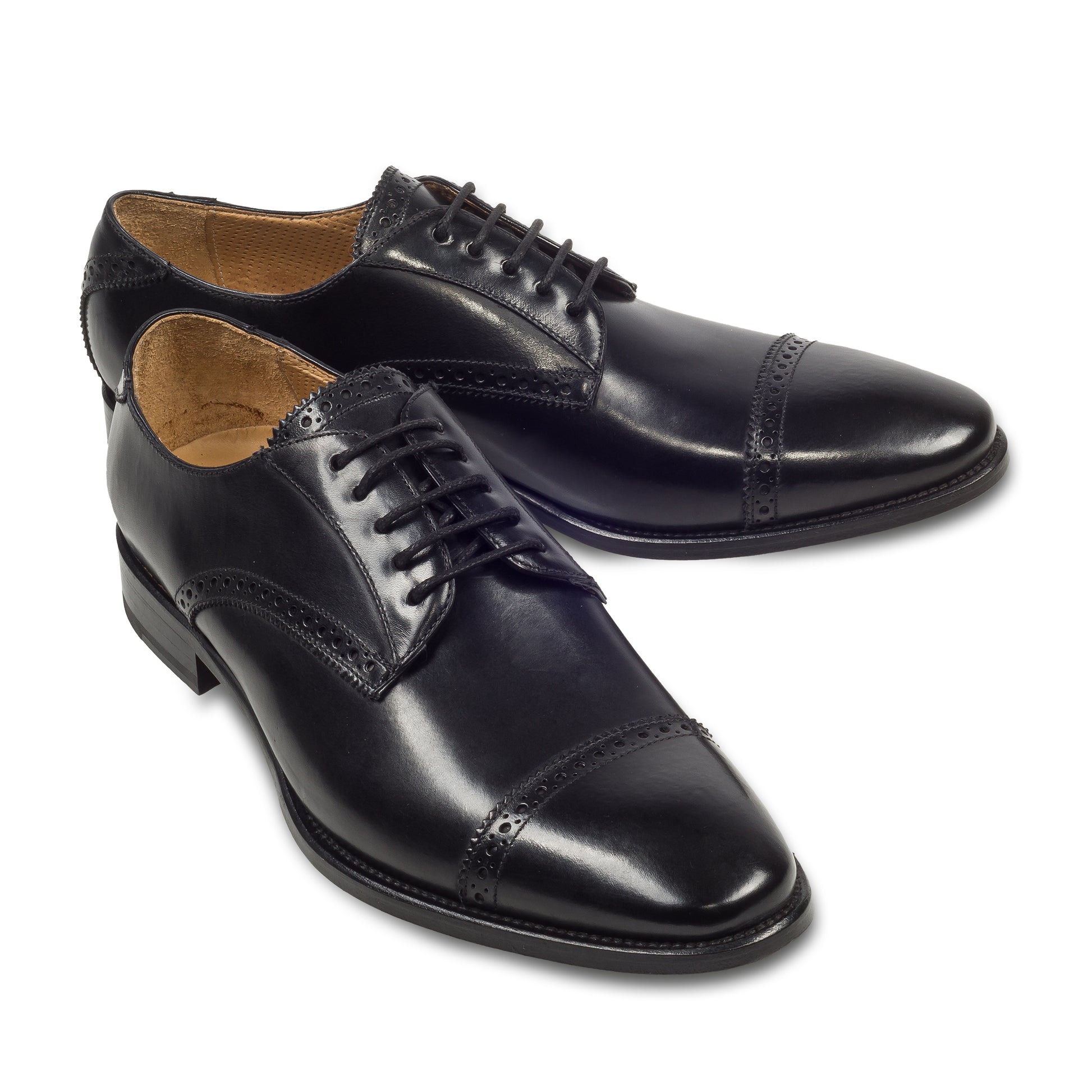 BRECOS Anzugschuhe | Quarter-Brogue Derby schwarz, Kalbsleder. Ansicht paarweise