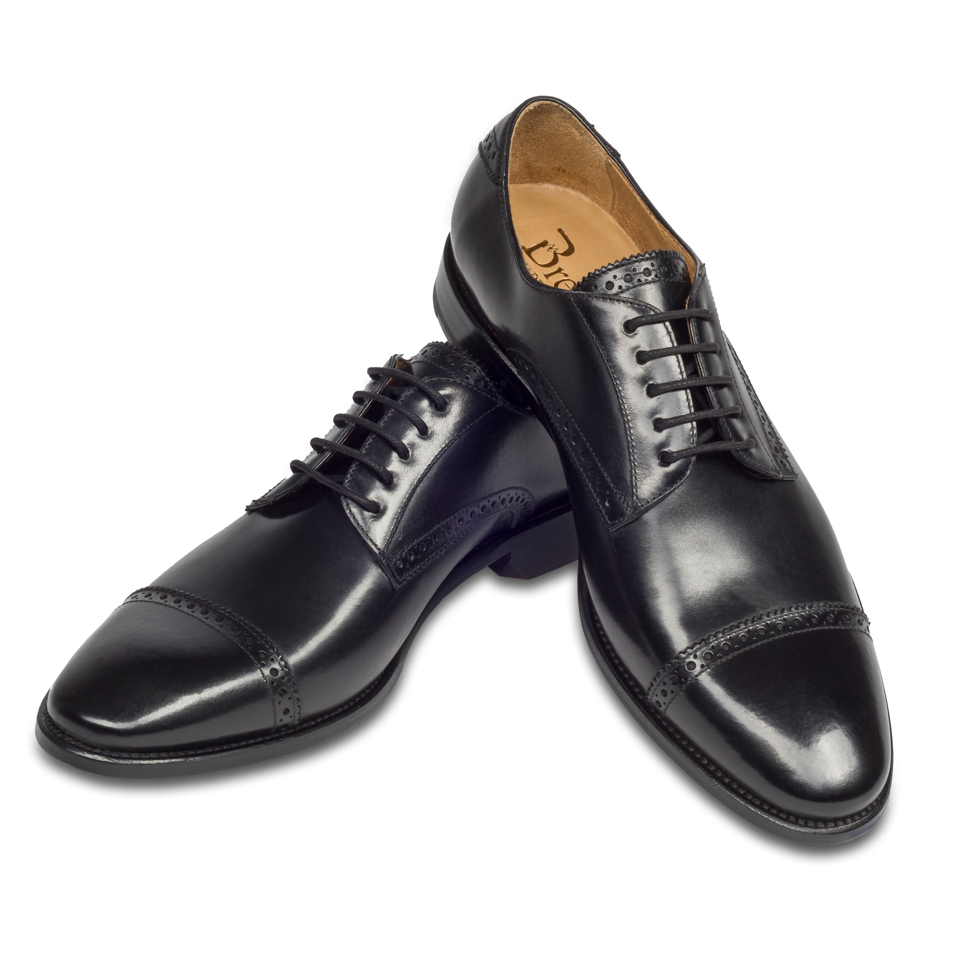 BRECOS Anzugschuhe | Quarter-Brogue Derby schwarz, Kalbsleder. Ansicht paarweise überkreuzt