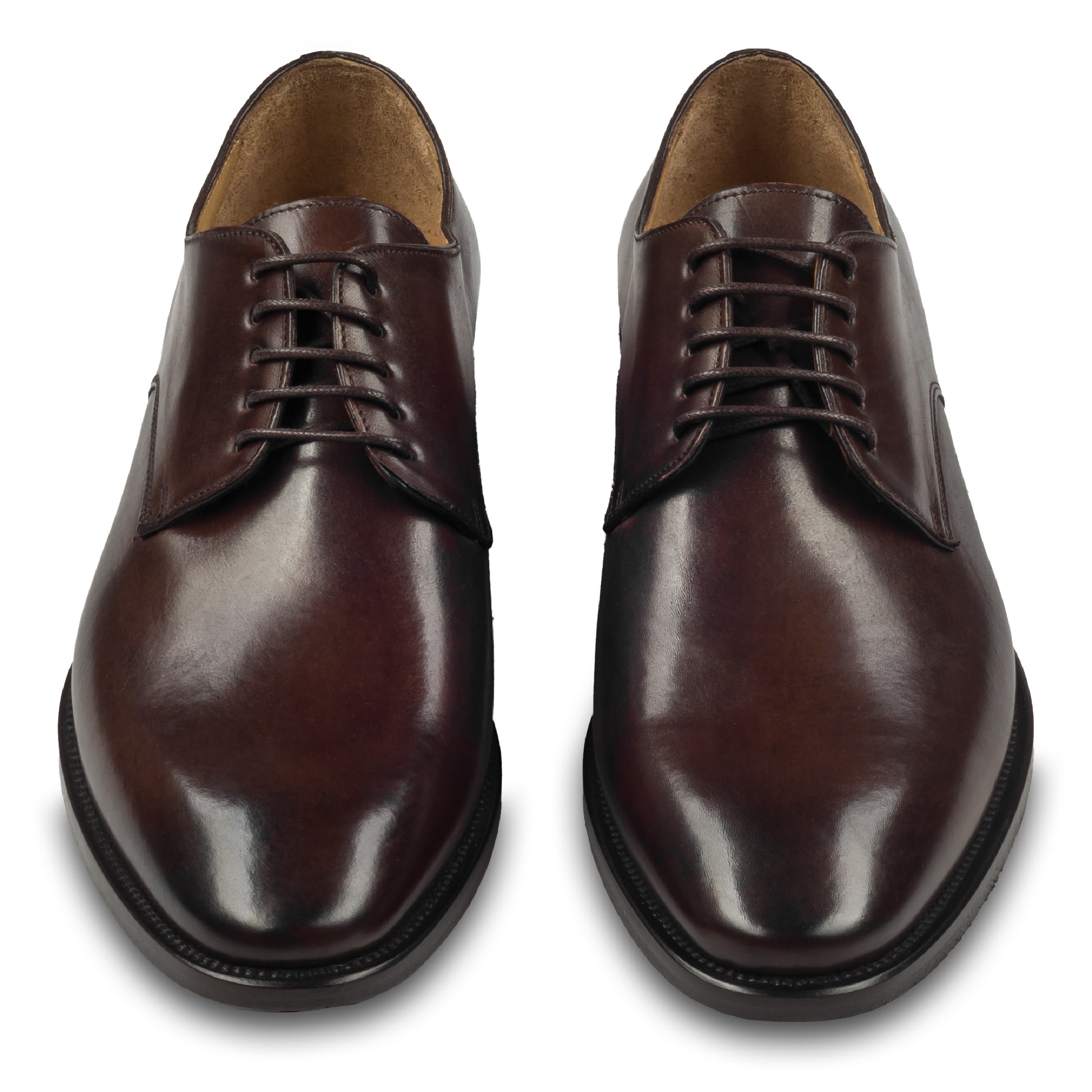 BRECOS – Italienische Herren Anzugschuhe, Plain Derby Schnürer in dunkel braun. Handgefertigt und durchgenäht. Paarweise Ansicht von vorne.