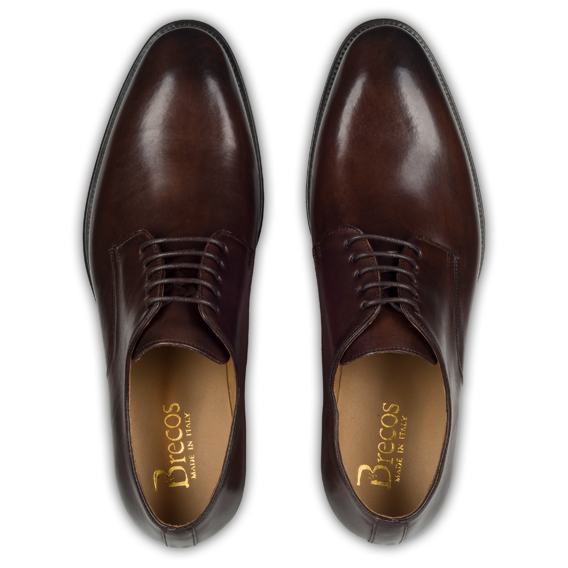 BRECOS – Italienische Herren Anzugschuhe, Plain Derby Schnürer in dunkel braun. Handgefertigt und durchgenäht. Paarweise Draufsicht von oben