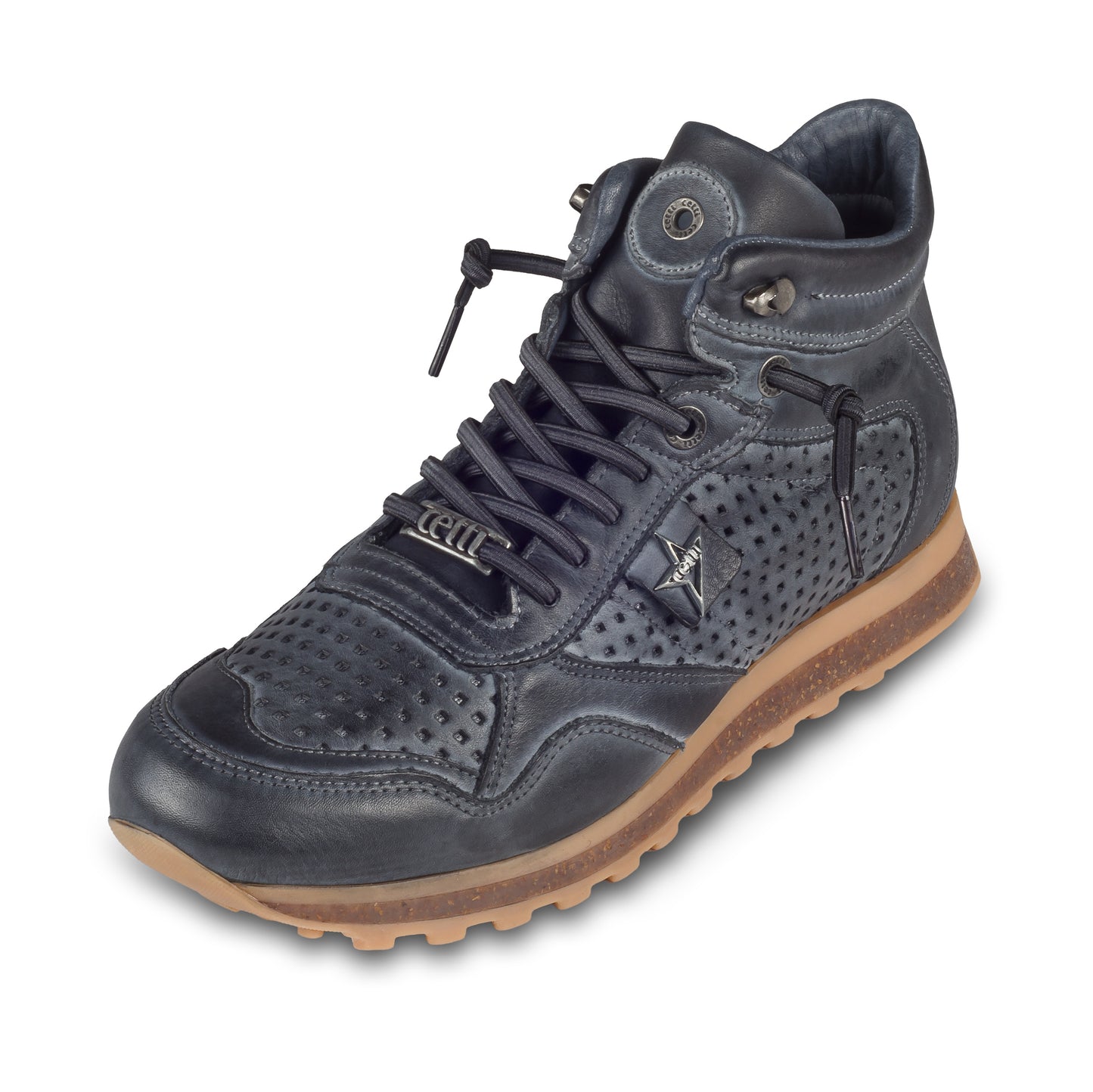 CETTI Herren Leder Sneaker-Stiefel in blau, Modell C-1048 perforiertes Leder, handgefertigt. Schräge Ansicht linker Schuh