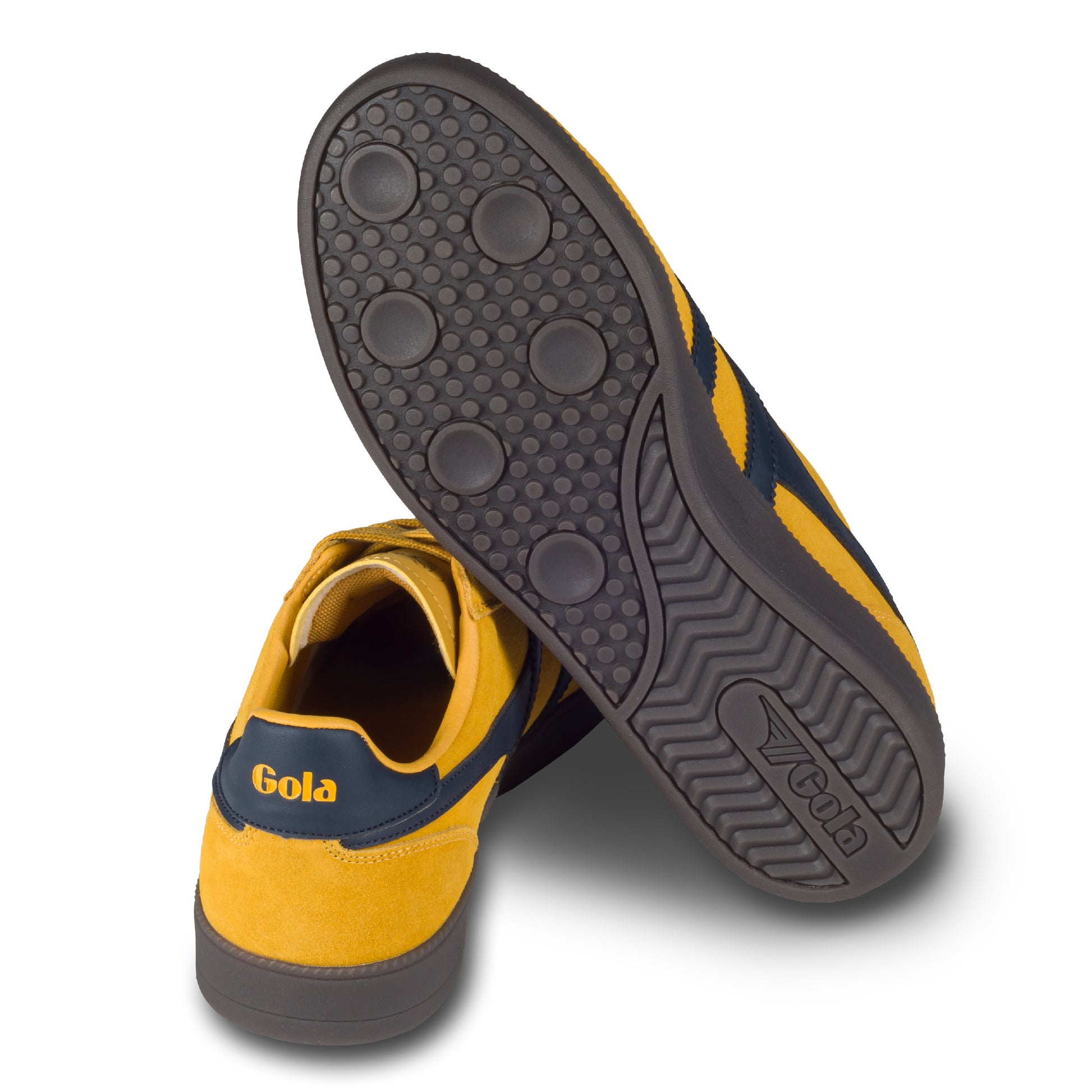 GOLA Herren Sneaker Viper gelb/blau, Wildleder. Modell CMB735 Sun/Navy/Dark Gum. Ansicht der Ferse und Sohlenunterseite.