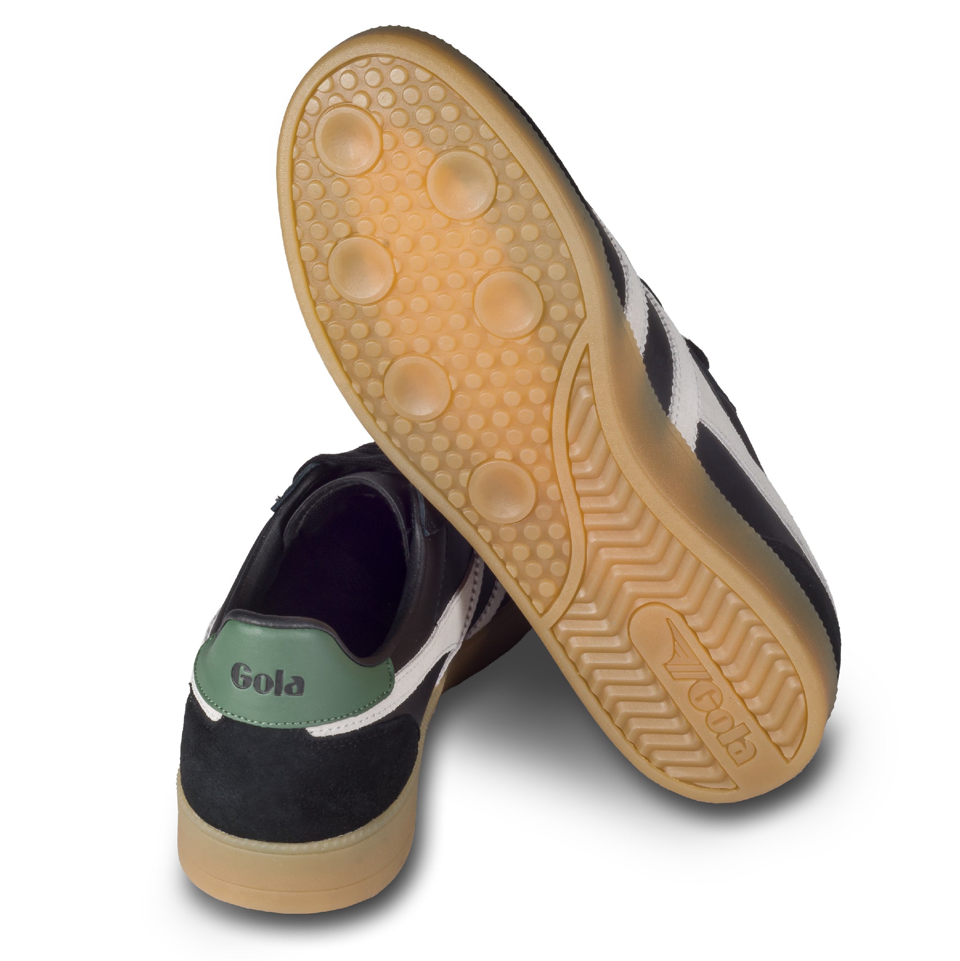 GOLA Herren Sneaker Viper Leather, schwarz/weiß/grün. Modell CMB744 Black/Off White/Evergreen/Gum. Ansicht der Ferse und Sohlenunterseite.