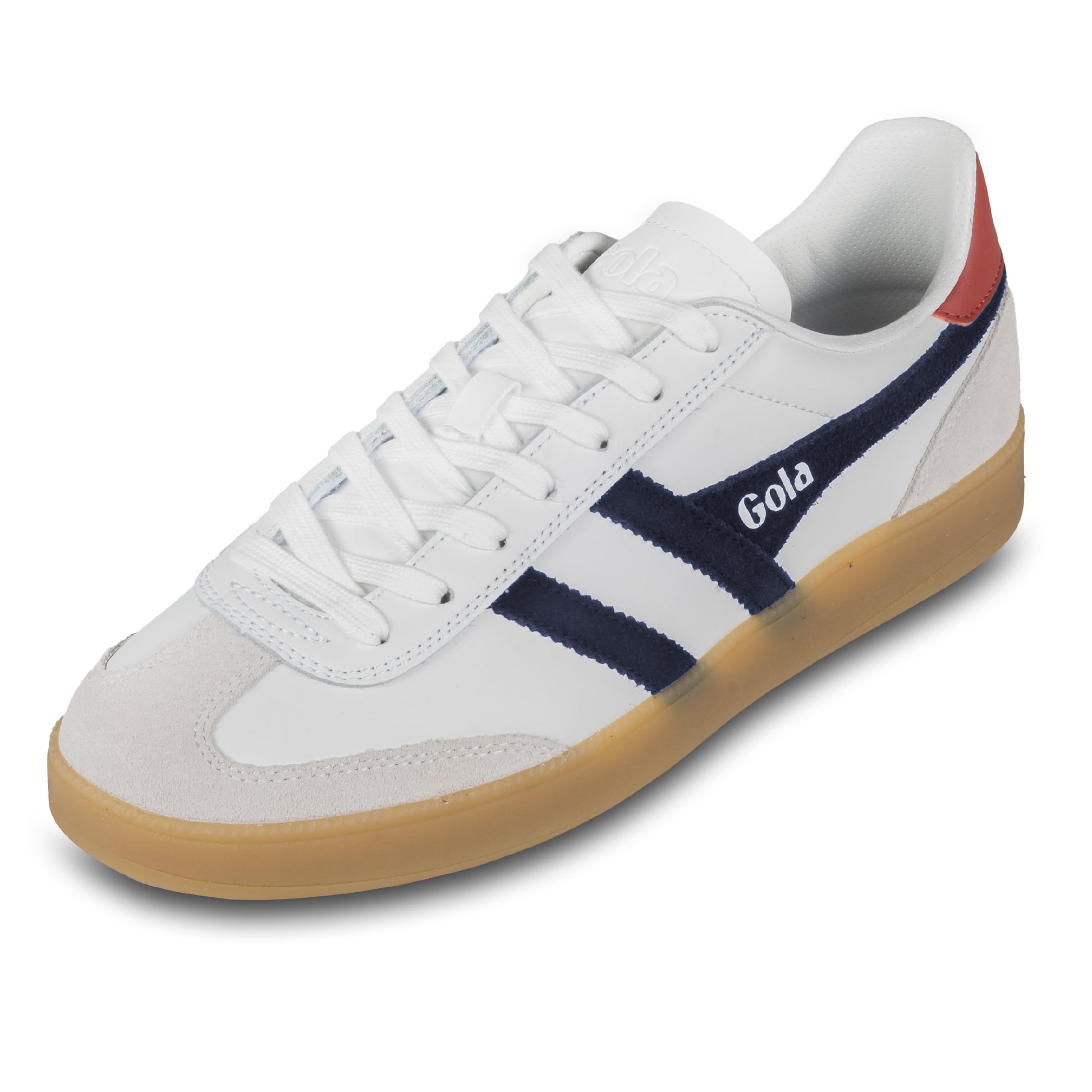 GOLA Herren Sneaker Viper Leather, weiß/blau. Modell CMB744 White/Navy/Rust/Gum. Schräge Ansicht linker Schuh.