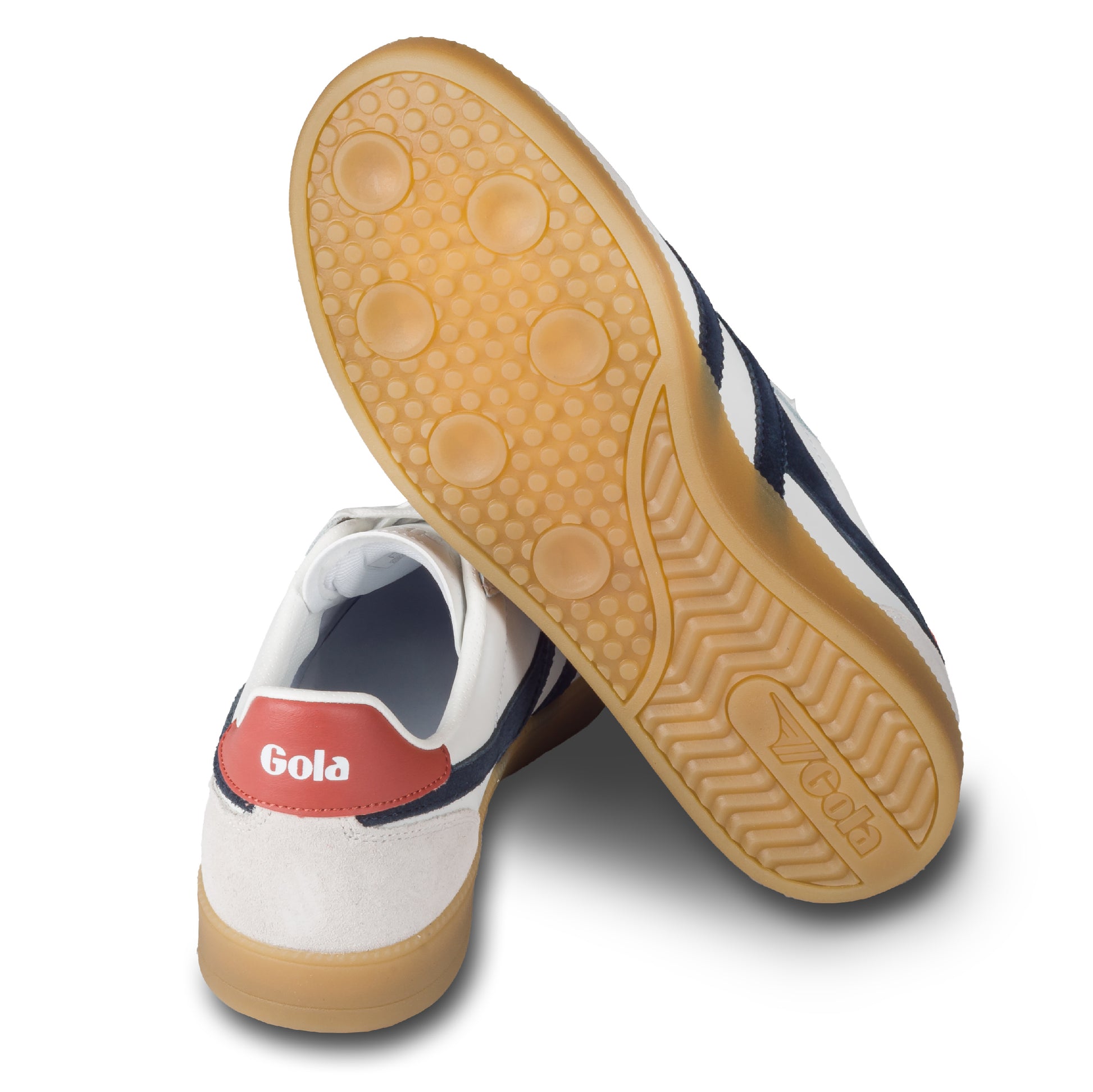 GOLA Herren Sneaker Viper Leather, weiß/blau. Modell CMB744 White/Navy/Rust/Gum. Ansicht der Ferse und Sohlenunterseite.