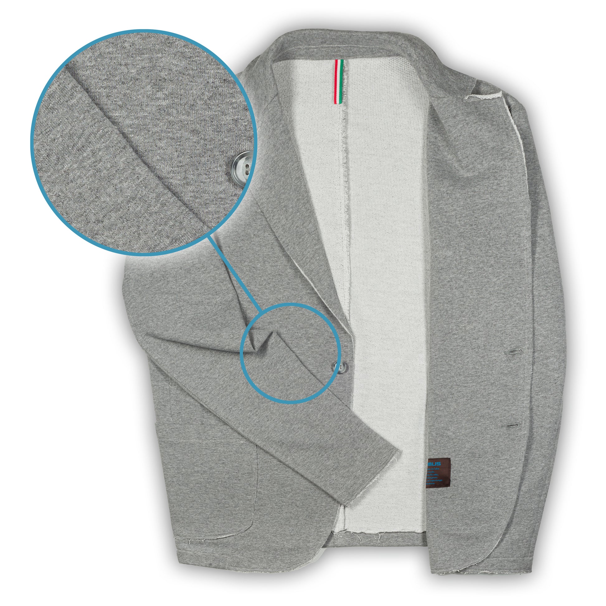 KARL MOMMOO Italienisches Herren-Sakko, grau Baumwolle. Ansicht Vorderseite und Details