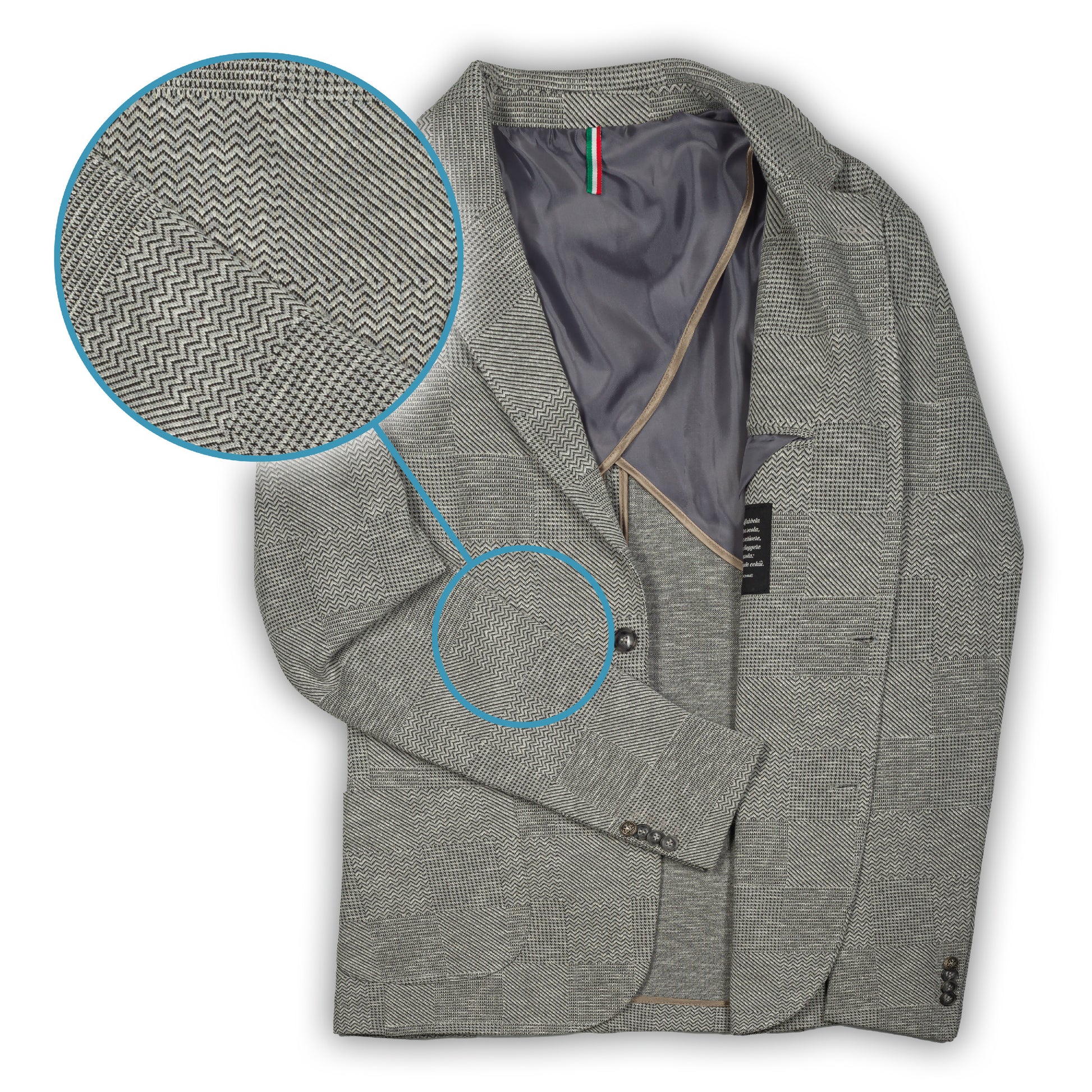 KARL MOMMOO Italienisches Herren-Sakko, hellgrau mit dunkelgrau gemustert, Viskose und Baumwolle. Ansicht Vorderseite und Detail