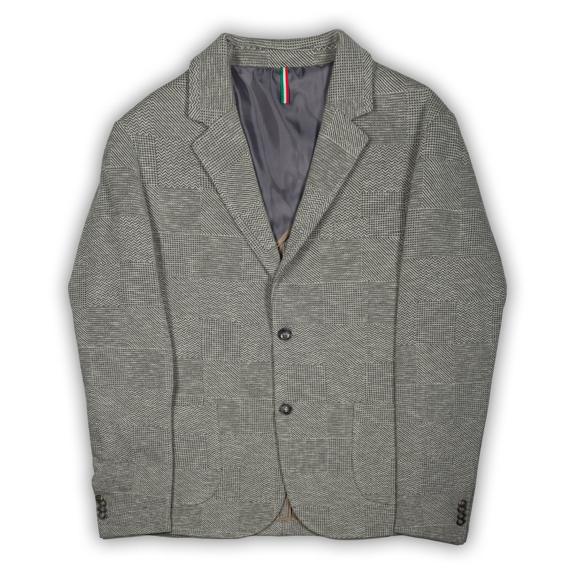 KARL MOMMOO Italienisches Herren-Sakko, hellgrau mit dunkelgrau gemustert, Viskose und Baumwolle. Ansicht Vorderseite