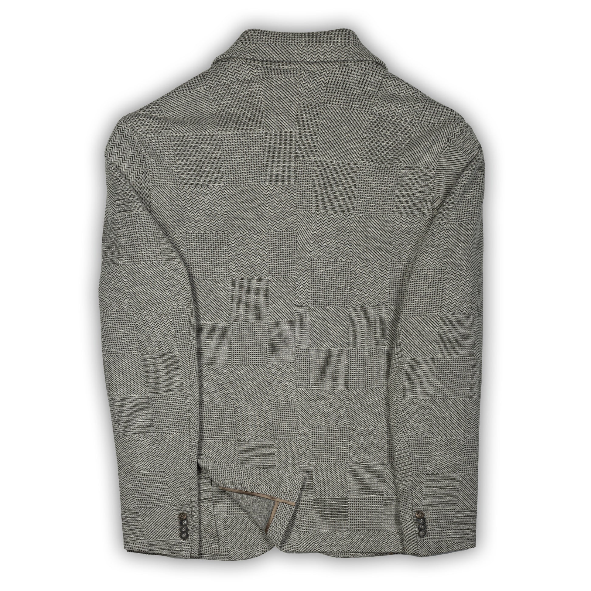 KARL MOMMOO Italienisches Herren-Sakko, hellgrau mit dunkelgrau gemustert, Viskose und Baumwolle. Ansicht Rückseite