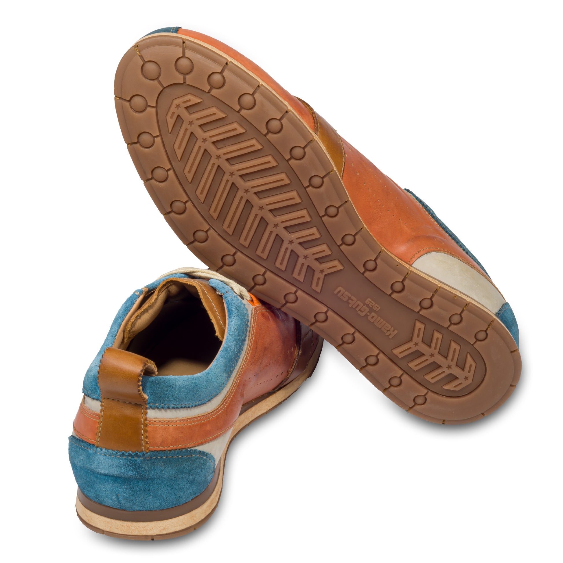 KAMO-GUTSU Herren Sneaker, orange/hellblau, Retro-Style, TIFO-017, Ansicht Ferse und Sohlenunterseite