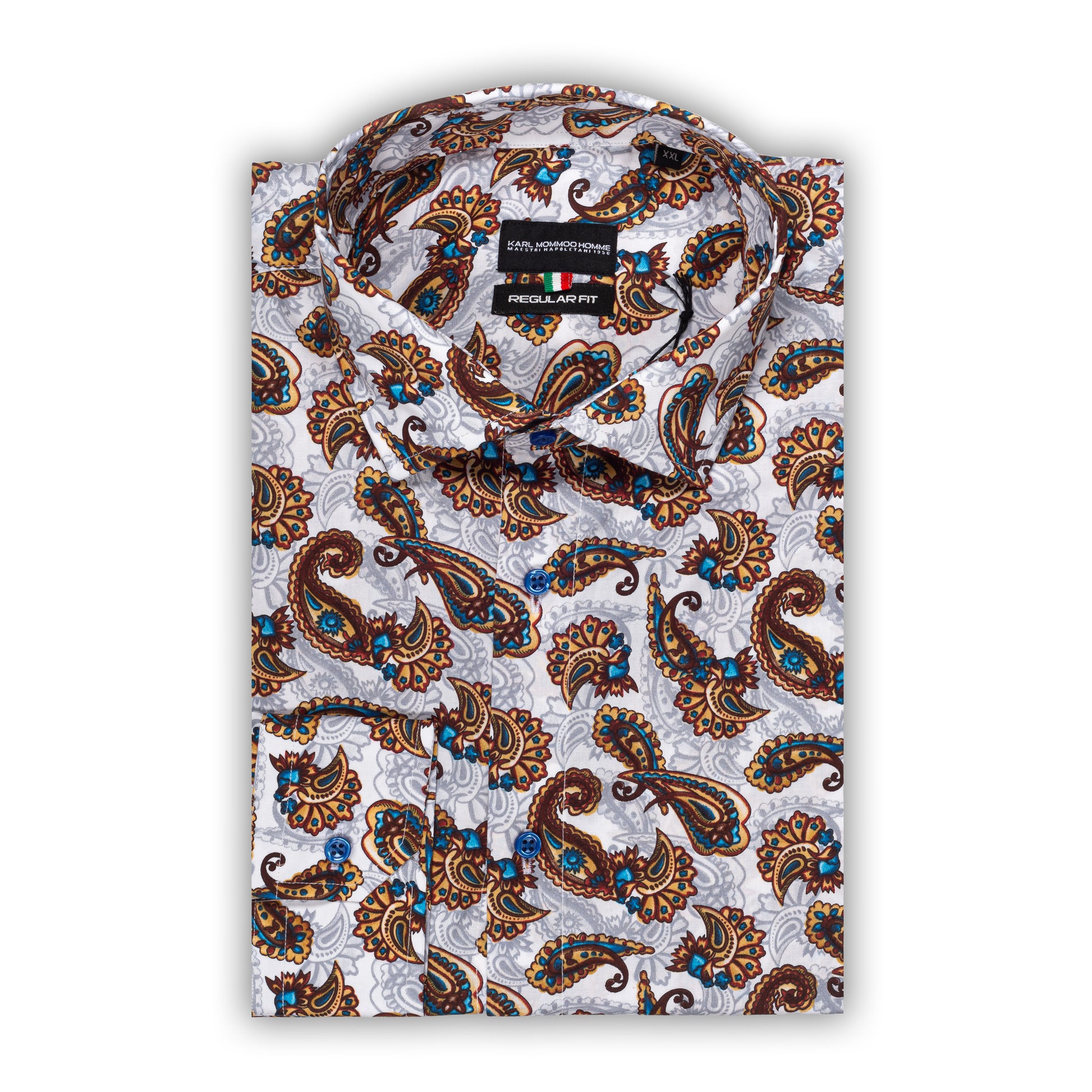 Italienisches Designer Langarm Herren-Hemd von KARL MOMMOO mit Paisley-Muster, weiß mit blau/braun/grau. Aus Baumwolle mit Elasthan in der Modern Fit Passform. Gefertigt in Italien. Ansicht gefaltetes Hemd.