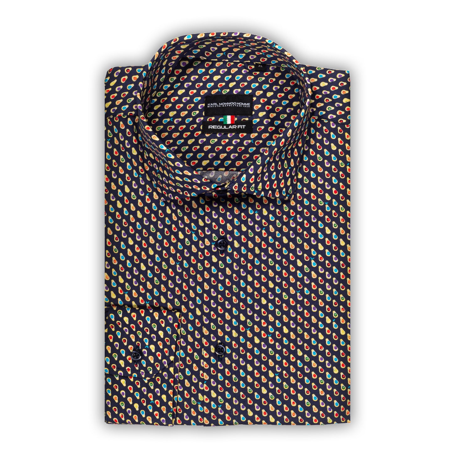 Italienisches Designer Langarm Herren-Hemd von KARL MOMMOO in blau / bunt gemustert. Aus Baumwolle mit Elasthan in der Regular Fit Passform. Gefertigt in Italien. Ansicht gefaltetes Hemd.