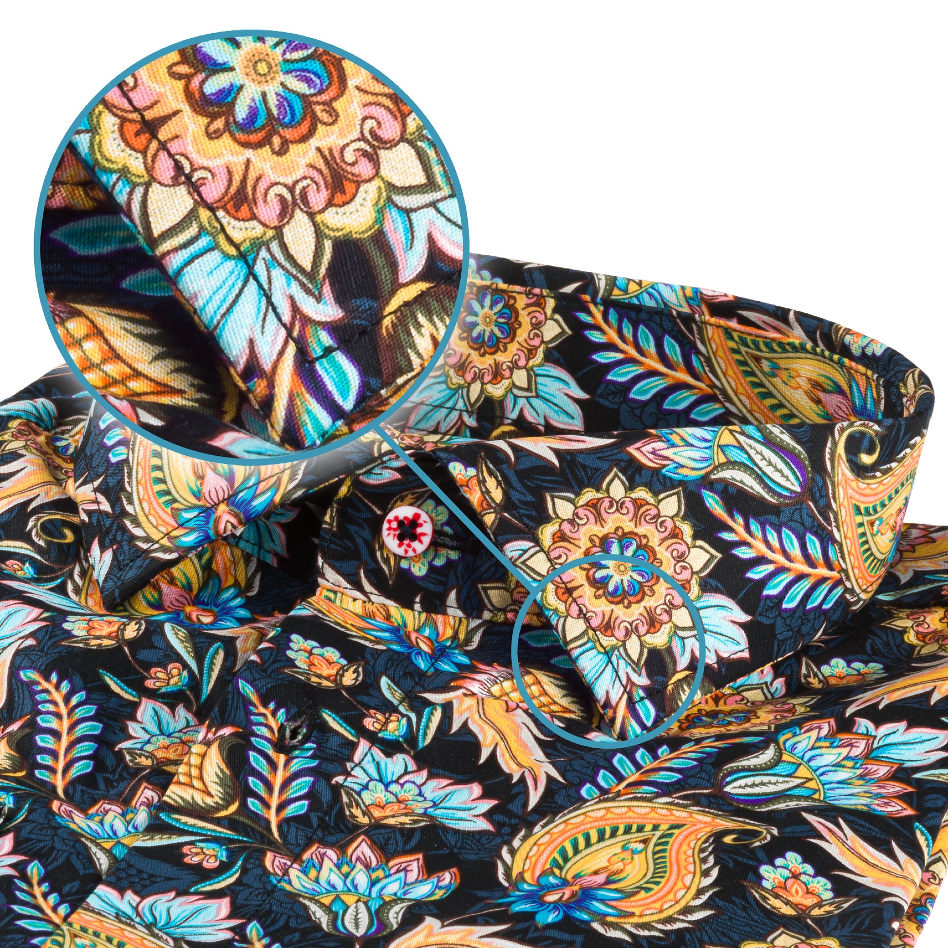 Italienisches Designer Langarm Herren-Hemd von KARL MOMMOO in blau / orange gemustert. Aus Baumwolle mit Elasthan in der Modern Fit Passform. Gefertigt in Italien. Detailansicht Kragen und Material bzw. Muster.