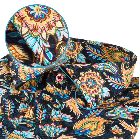 Italienisches Designer Langarm Herren-Hemd von KARL MOMMOO in blau / orange gemustert. Aus Baumwolle mit Elasthan in der Modern Fit Passform. Gefertigt in Italien. Detailansicht Kragen und Material bzw. Muster.