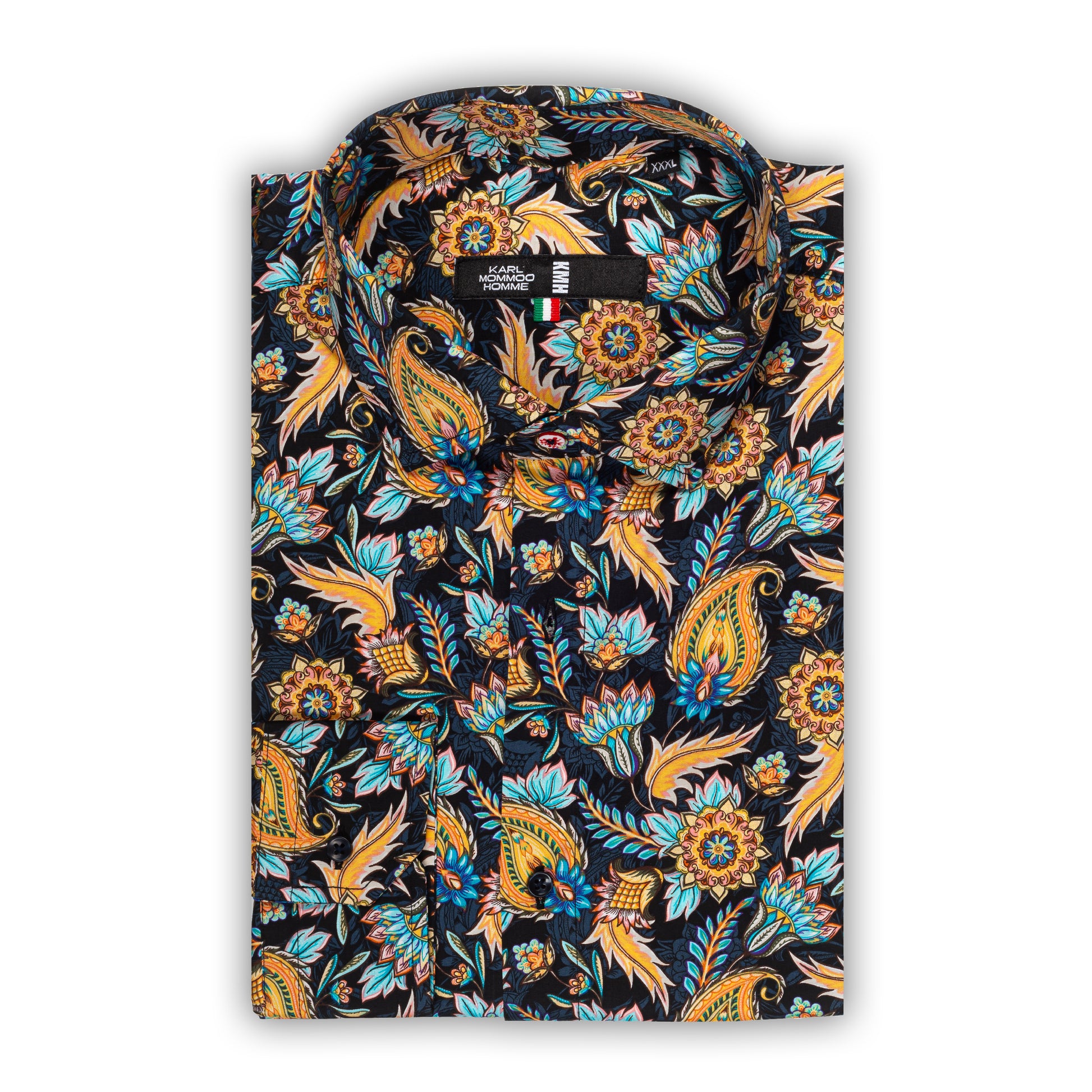 Italienisches Designer Langarm Herren-Hemd von KARL MOMMOO in blau / orange gemustert. Aus Baumwolle mit Elasthan in der Modern Fit Passform. Gefertigt in Italien. Ansicht gefaltetes Hemd.