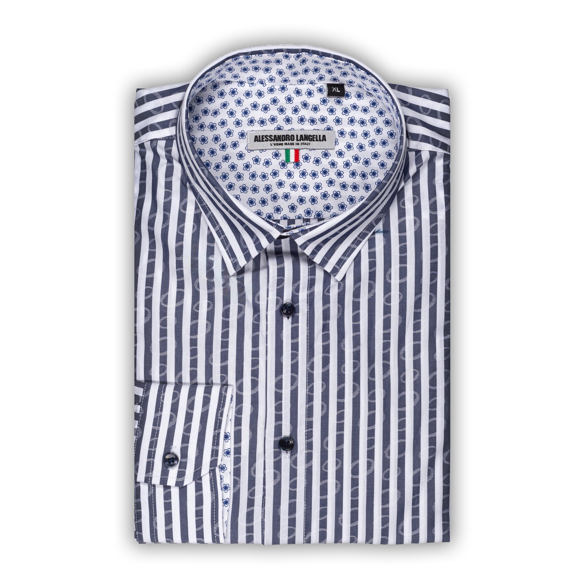 Italienisches Designer Langarm Herren-Hemd von KARL MOMMOO in blau / weiß mit Streifen und Muster. Aus Baumwolle mit Elasthan in der Modern Fit Passform. Gefertigt in Italien. Ansicht gefaltetes Hemd.