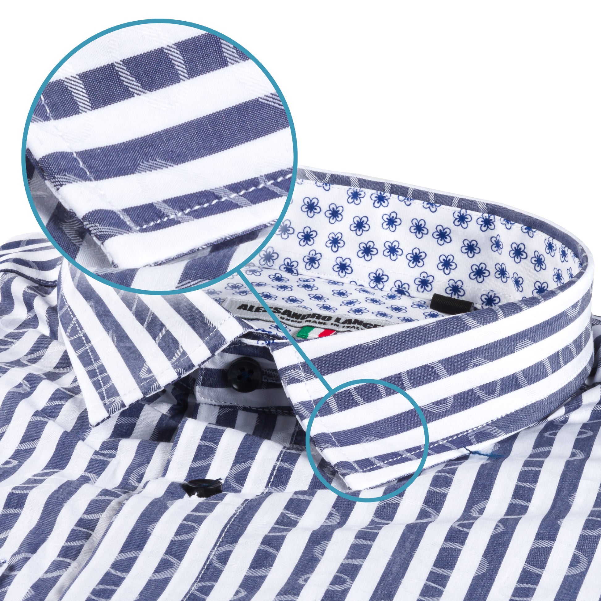 Italienisches Designer Langarm Herren-Hemd von KARL MOMMOO in blau / weiß mit Streifen und Muster. Aus Baumwolle mit Elasthan in der Modern Fit Passform. Gefertigt in Italien. Detailansicht Kragen und Material bzw. Muster.