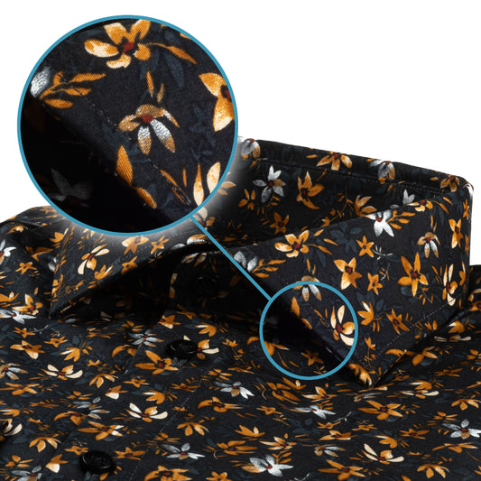 Italienisches Designer Langarm Herren-Hemd von KARL MOMMOO in dunkelgrau/ hellbraun mit Blumen Muster. Aus  Baumwolle mit Elasthan in der Modern Fit Passform. Gefertigt in Italien. Detailansicht Kragen und Material bzw. Muster.