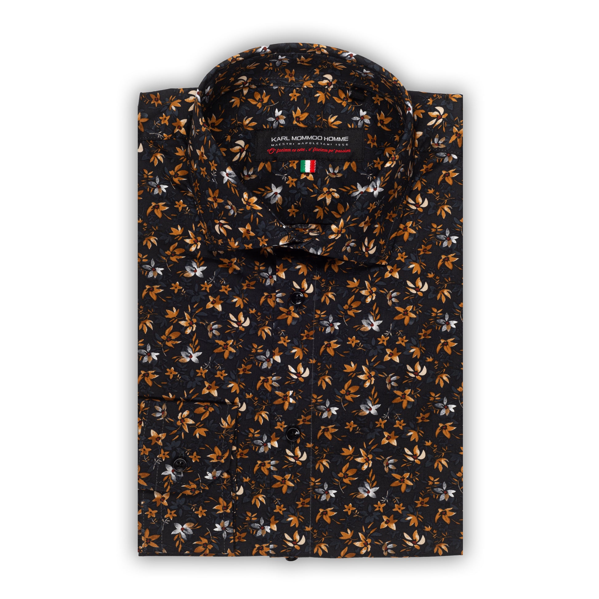 Italienisches Designer Langarm Herren-Hemd von KARL MOMMOO in dunkelgrau/ hellbraun mit Blumen Muster. Aus  Baumwolle mit Elasthan in der Modern Fit Passform. Gefertigt in Italien. Ansicht gefaltetes Hemd.