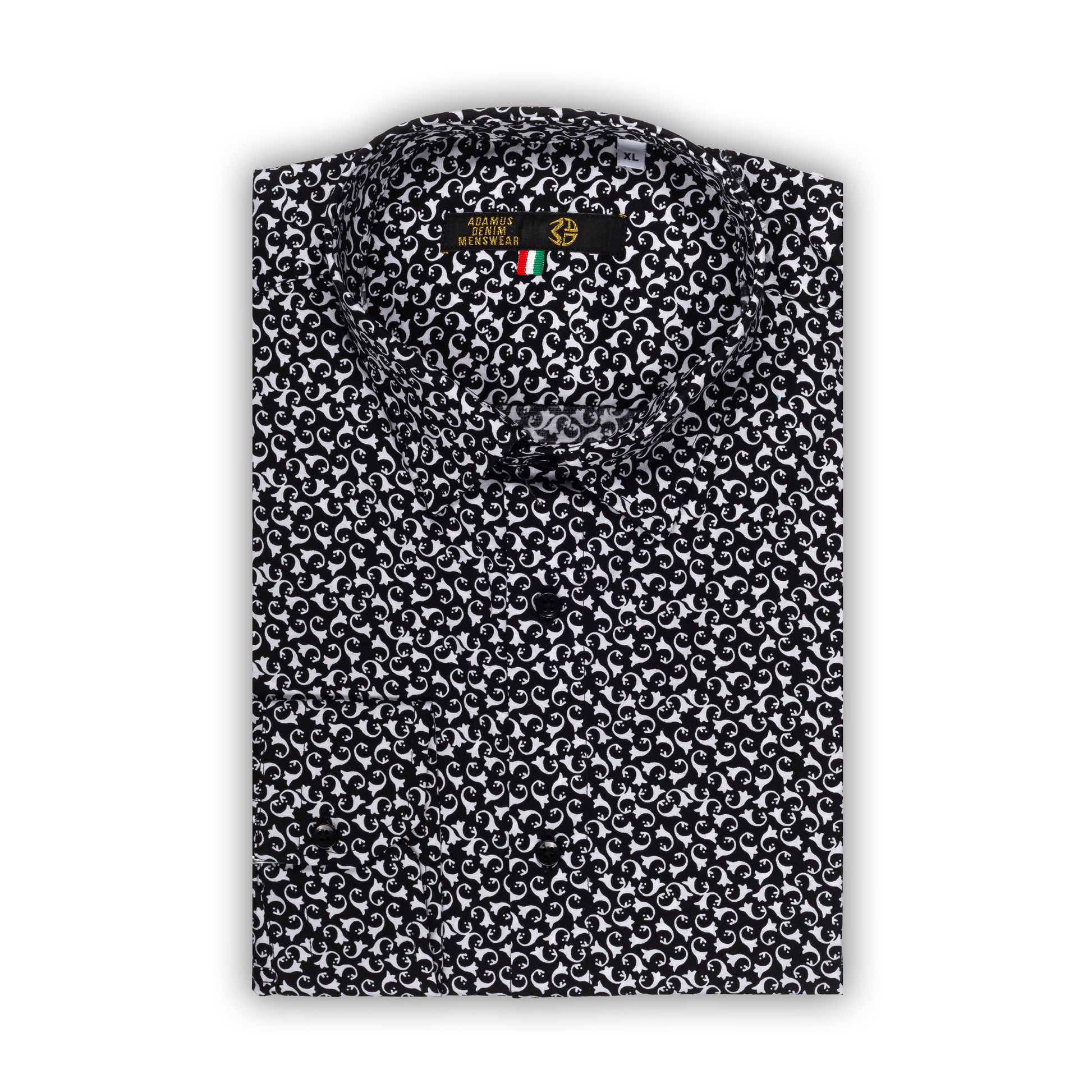 Italienisches Designer Langarm Herren-Hemd von KARL MOMMOO schwarz/weiß gemustert. Aus  Baumwolle mit Elasthan in der Modern Fit Passform. Gefertigt in Italien. Ansicht gefaltetes Hemd.