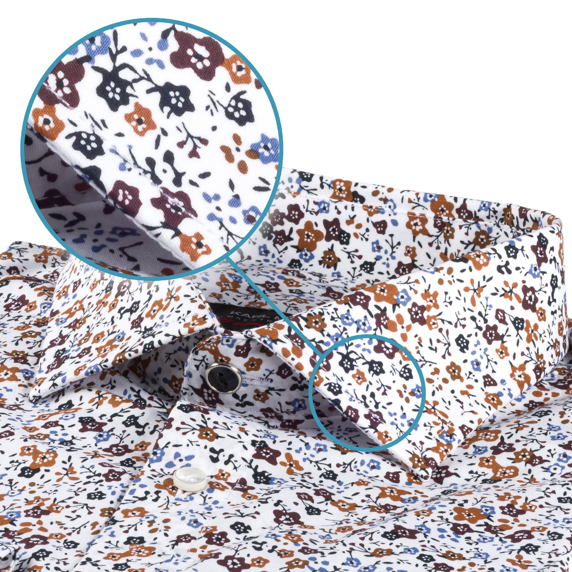 Italienisches Designer Langarm Herren-Hemd von KARL MOMMOO in weiß mit Blumen-Muster braun / blau. Aus Baumwolle mit Elasthan in der Modern Fit Passform. Gefertigt in Italien. Detailansicht Kragen und Material bzw. Muster.