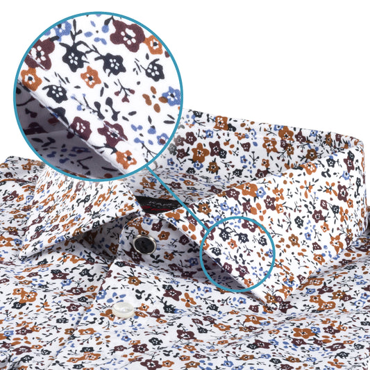 Italienisches Designer Langarm Herren-Hemd von KARL MOMMOO in weiß mit Blumen-Muster braun / blau. Aus Baumwolle mit Elasthan in der Modern Fit Passform. Gefertigt in Italien. Detailansicht Kragen und Material bzw. Muster.