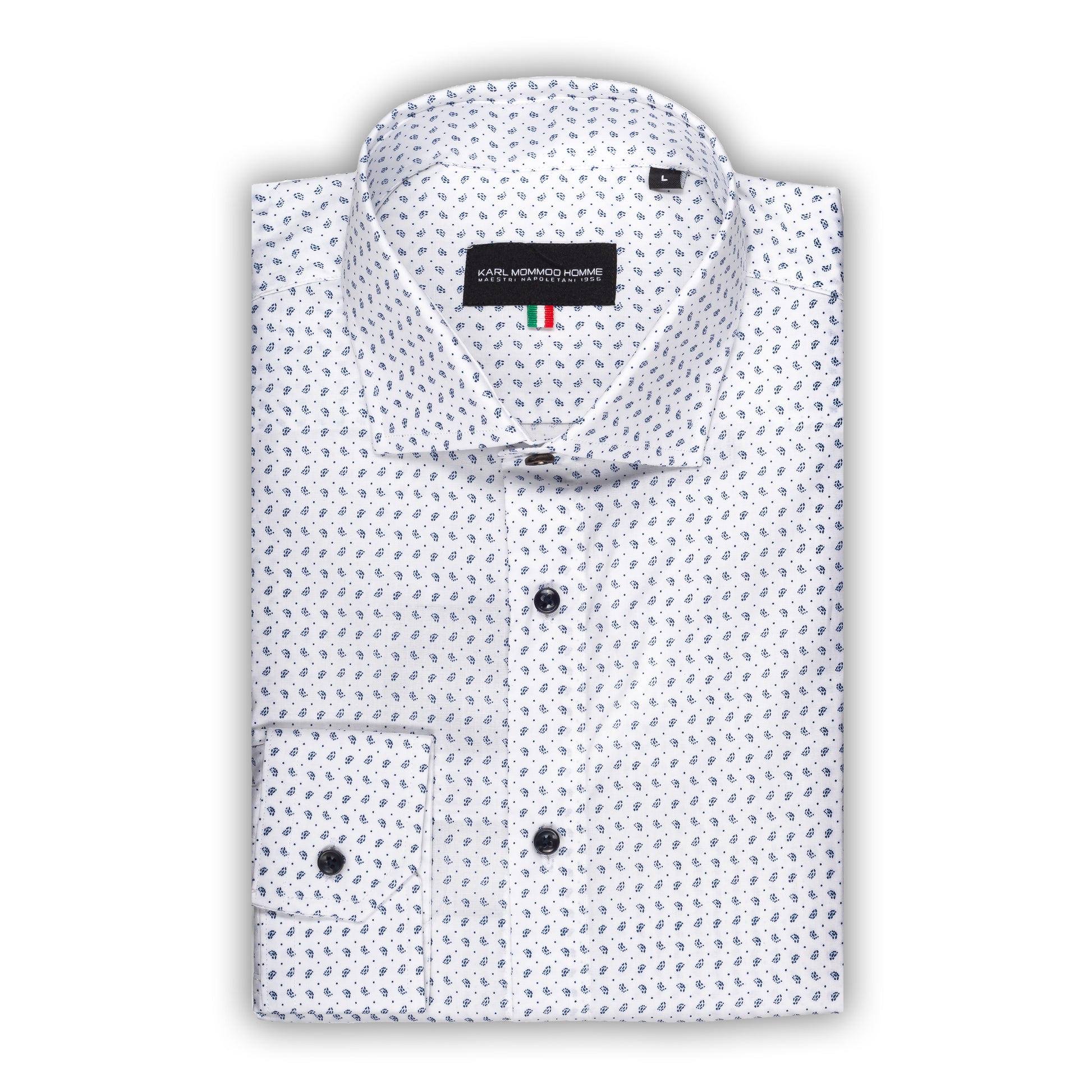 Italienisches Designer Langarm Herren-Hemd von KARL MOMMOO in weiß mit feinem dunkelblauem Muster. Aus Baumwolle mit Elasthan in der Modern Fit Passform. Gefertigt in Italien. Ansicht gefaltetes Hemd.