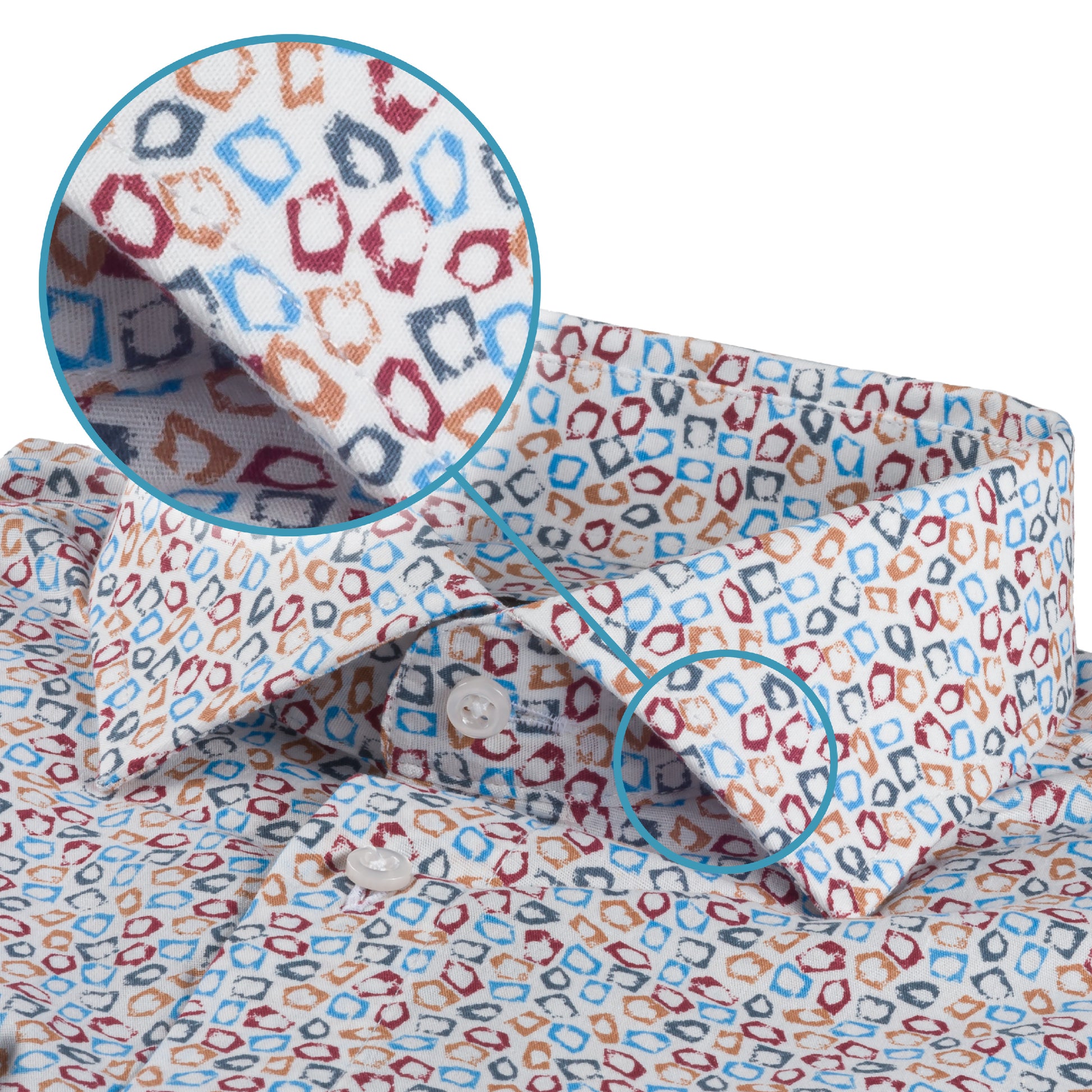 Italienisches Designer Langarm Herren-Hemd von KARL MOMMOO in weiß / bunt gemustert. Aus Baumwolle mit Elasthan in der Modern Fit Passform. Gefertigt in Italien. Detailansicht Kragen und Material bzw. Muster.