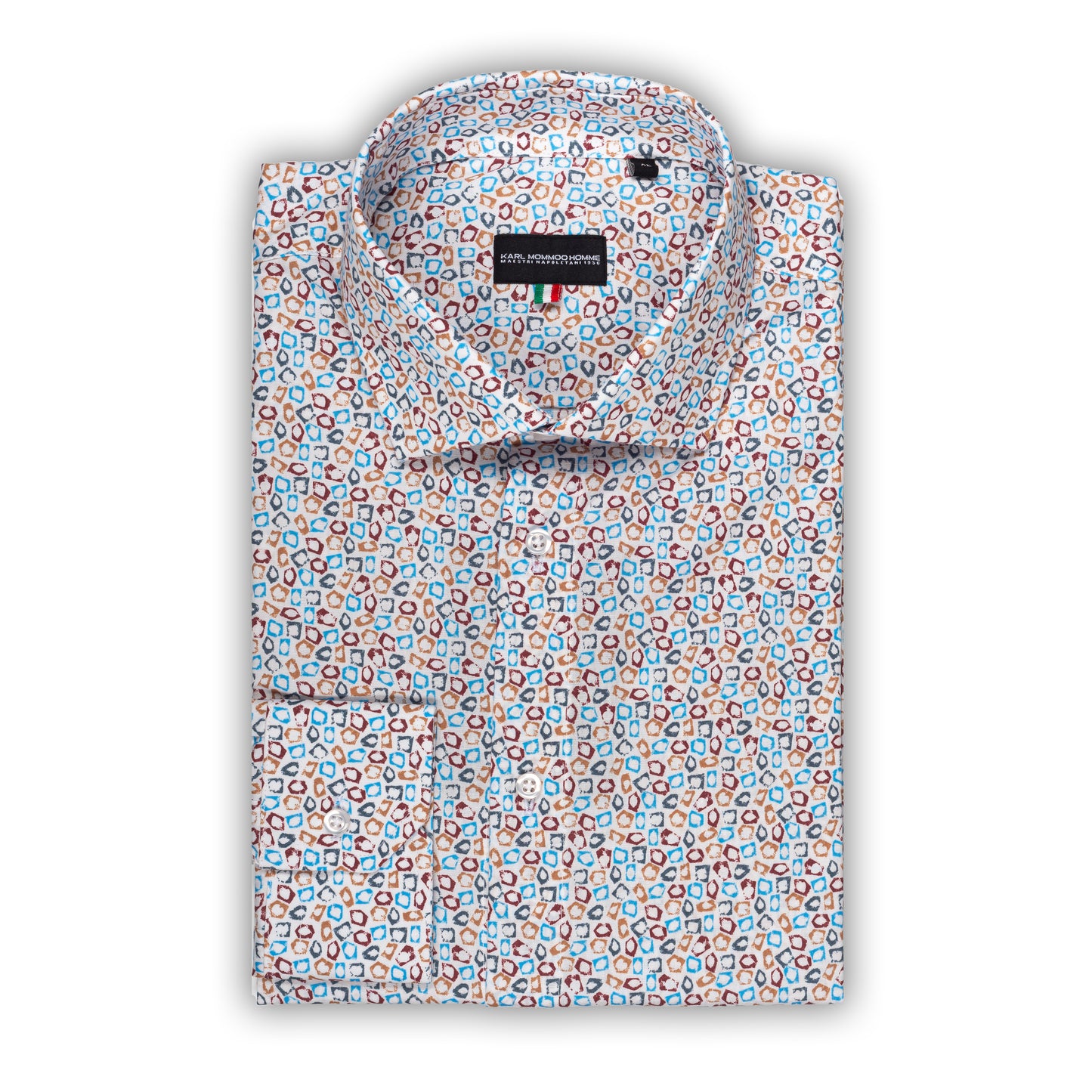 Italienisches Designer Langarm Herren-Hemd von KARL MOMMOO in weiß / bunt gemustert. Aus Baumwolle mit Elasthan in der Modern Fit Passform. Gefertigt in Italien. Ansicht gefaltetes Hemd.