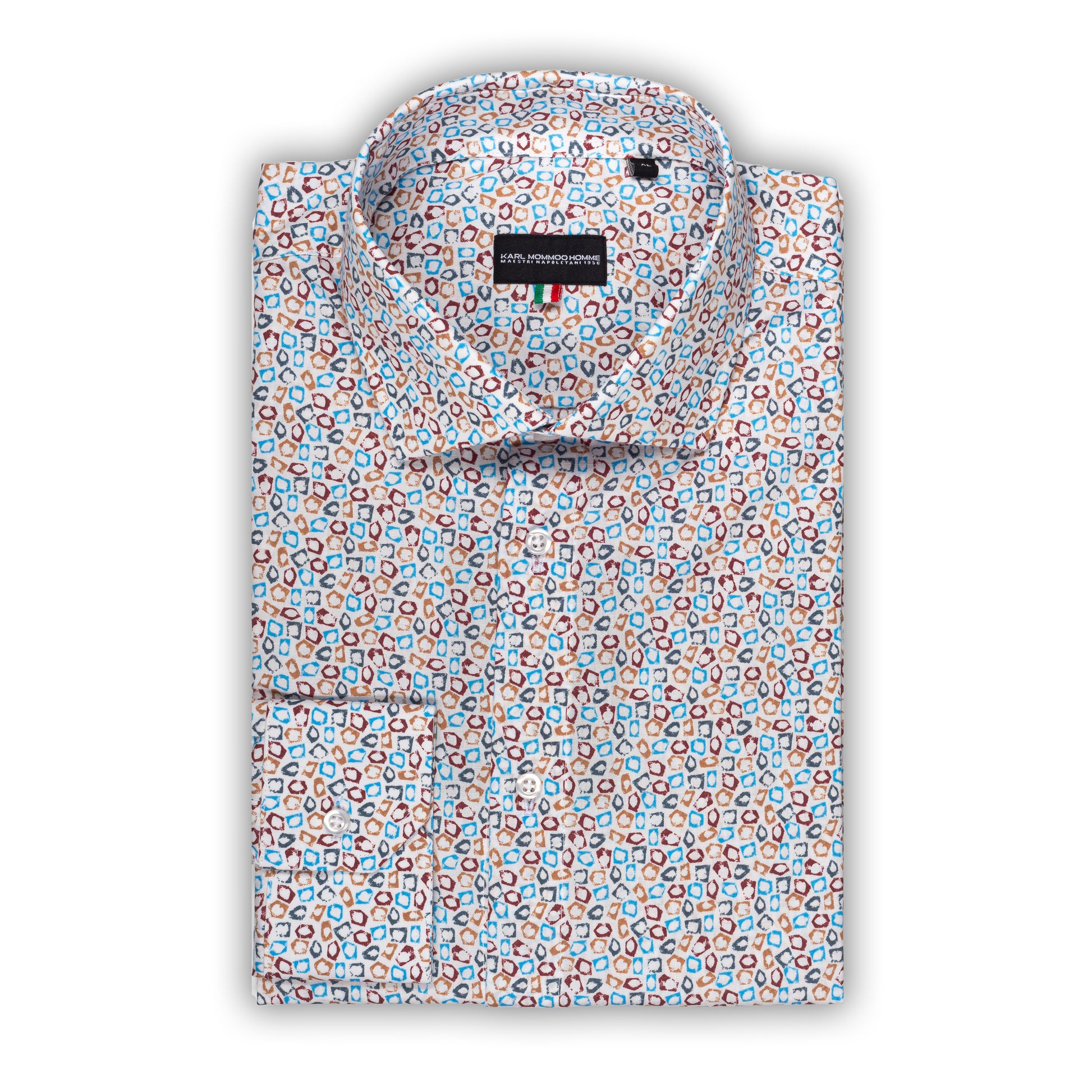 Italienisches Designer Langarm Herren-Hemd von KARL MOMMOO in weiß / bunt gemustert. Aus Baumwolle mit Elasthan in der Modern Fit Passform. Gefertigt in Italien. Ansicht gefaltetes Hemd.