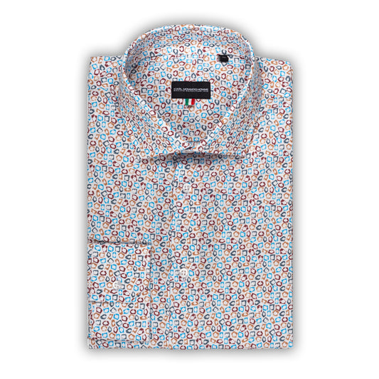 Italienisches Designer Langarm Herren-Hemd von KARL MOMMOO in weiß / bunt gemustert. Aus Baumwolle mit Elasthan in der Modern Fit Passform. Gefertigt in Italien. Ansicht gefaltetes Hemd.