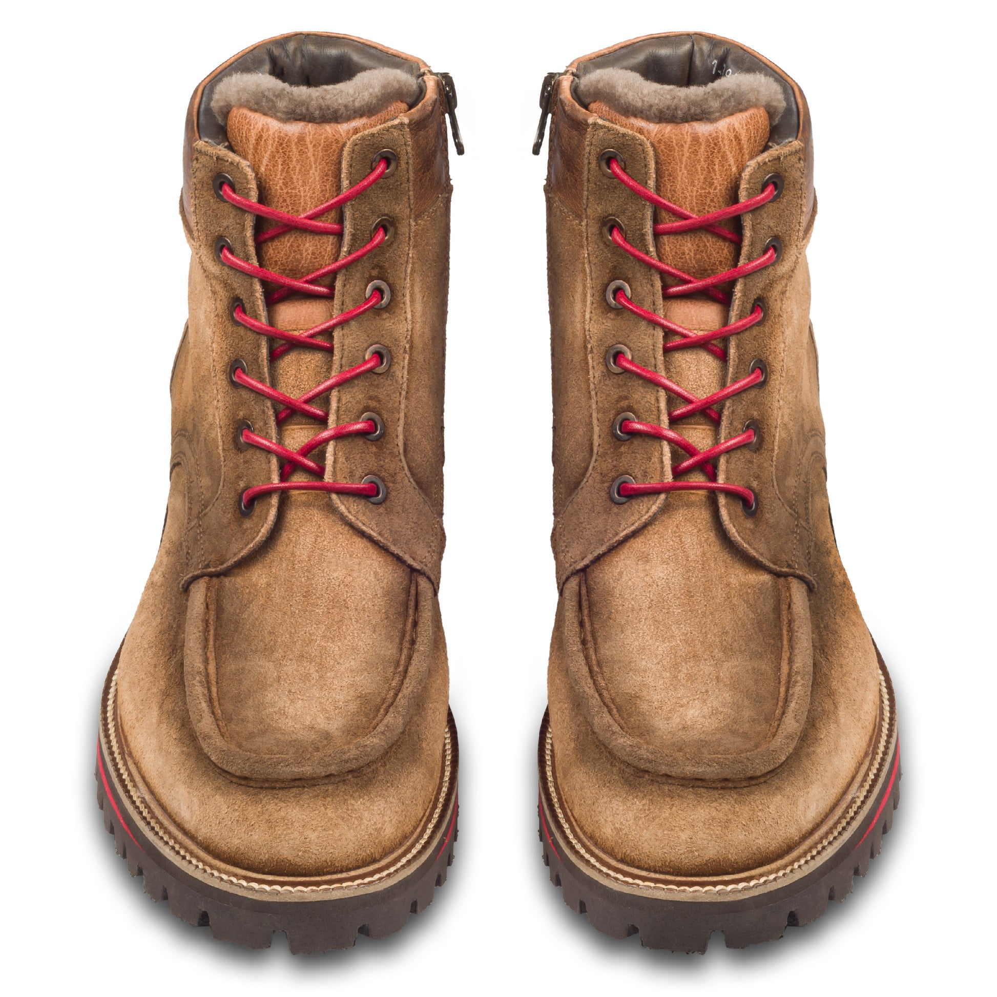 LORENZI Herren Schnür-Boots aus Rauleder in hell braun mit Lammfell und Reißverschluß. Handgefertigt und Durchgenäht. Paarweise Ansicht von vorne.