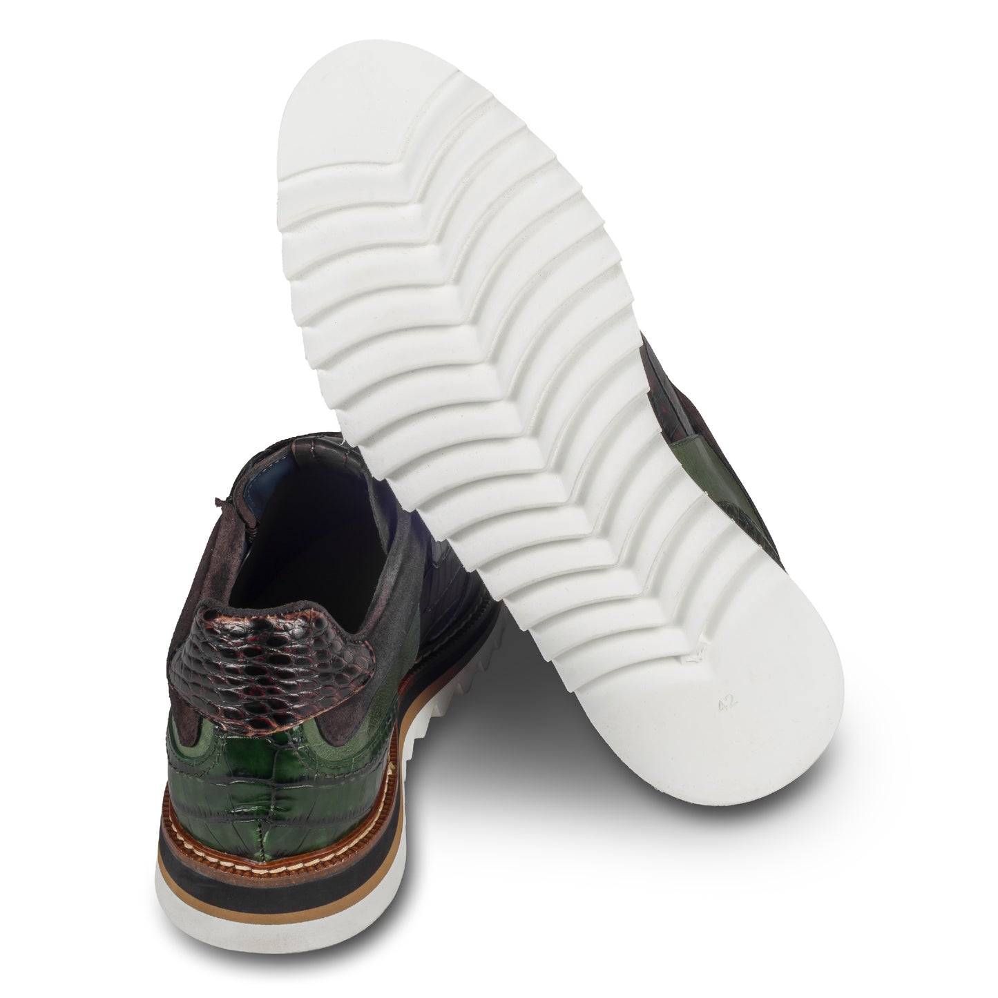 LORENZI Sneaker Herren in grün/braun, Kalbsleder mit Reptilprägung, stonewashed-Optik. Handgefertigt in Italien. Ansicht Sohle und Ferse