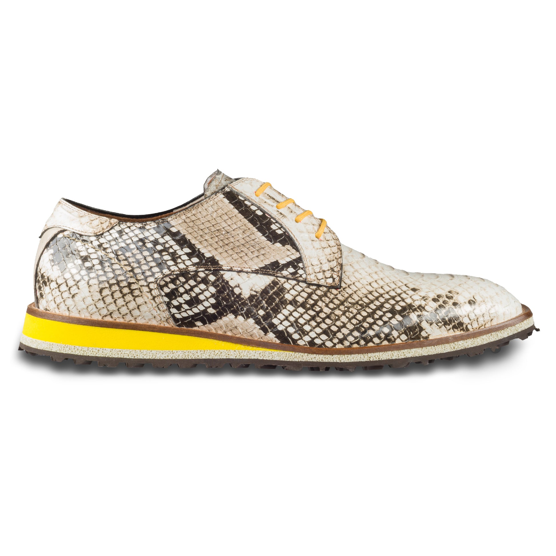 Lorenzi Herren Leder Schnür-Halbschuh in creme beige / brauner Schlangen-Optik. Mit leichter Kreppsohle. Handgefertigt in Italien. Ansicht der Außenseite rechter Schuh.