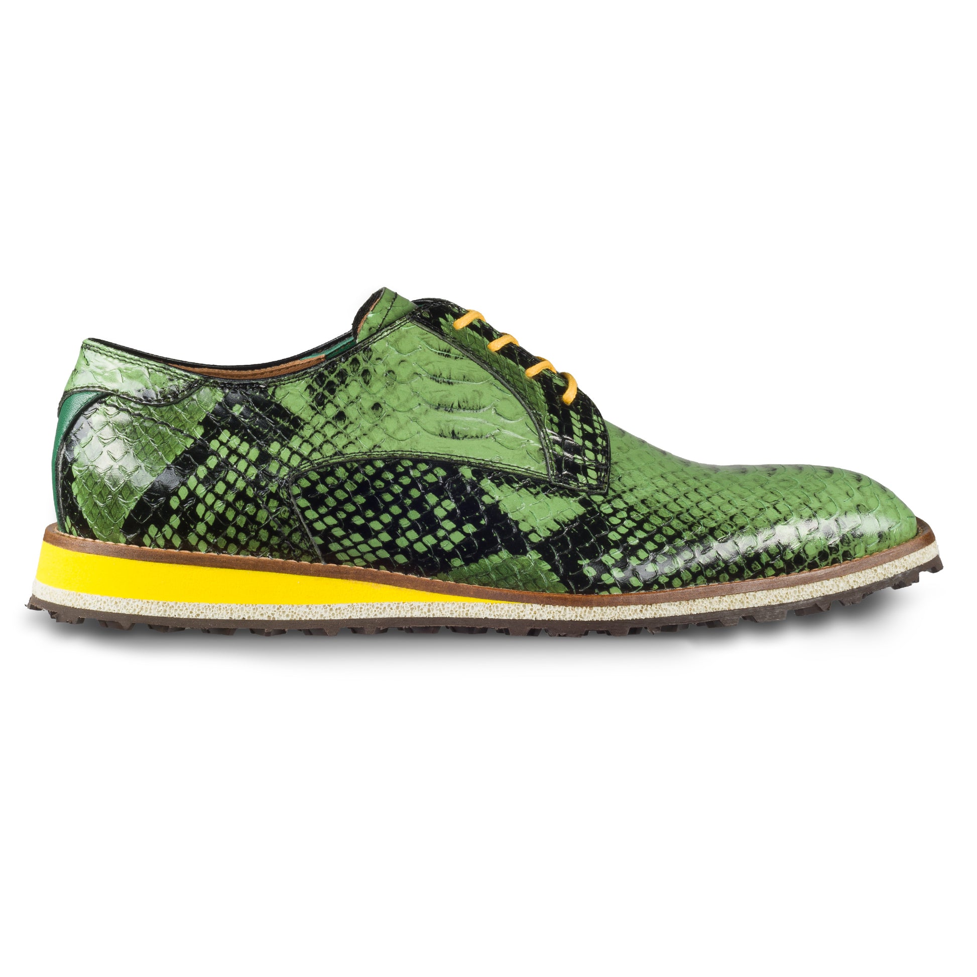 Lorenzi Herren Leder Schnür-Halbschuh in grün / schwarzer Schlangen-Optik. Mit leichter Kreppsohle. Handgefertigt in Italien. Ansicht der Außenseite rechter Schuh.