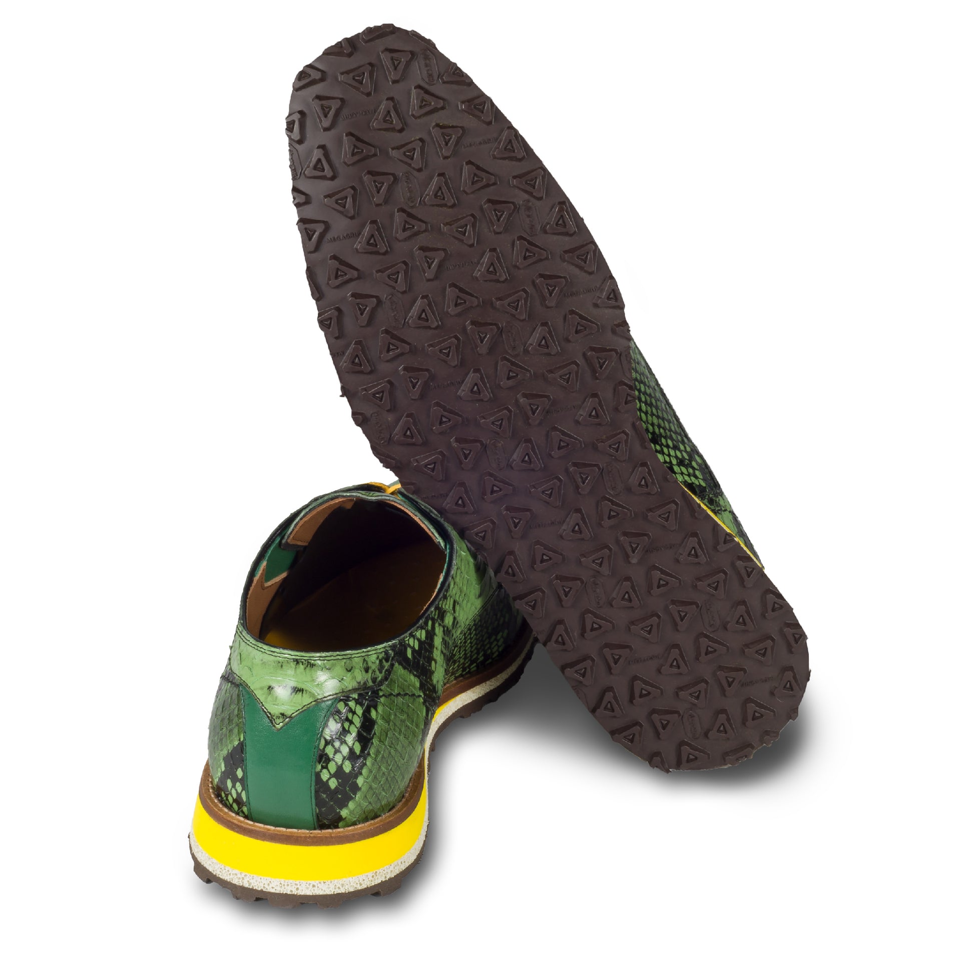 Lorenzi Herren Leder Schnür-Halbschuh in grün / schwarzer Schlangen-Optik. Mit leichter Kreppsohle. Handgefertigt in Italien. Ansicht der Ferse und Sohlenunterseite.