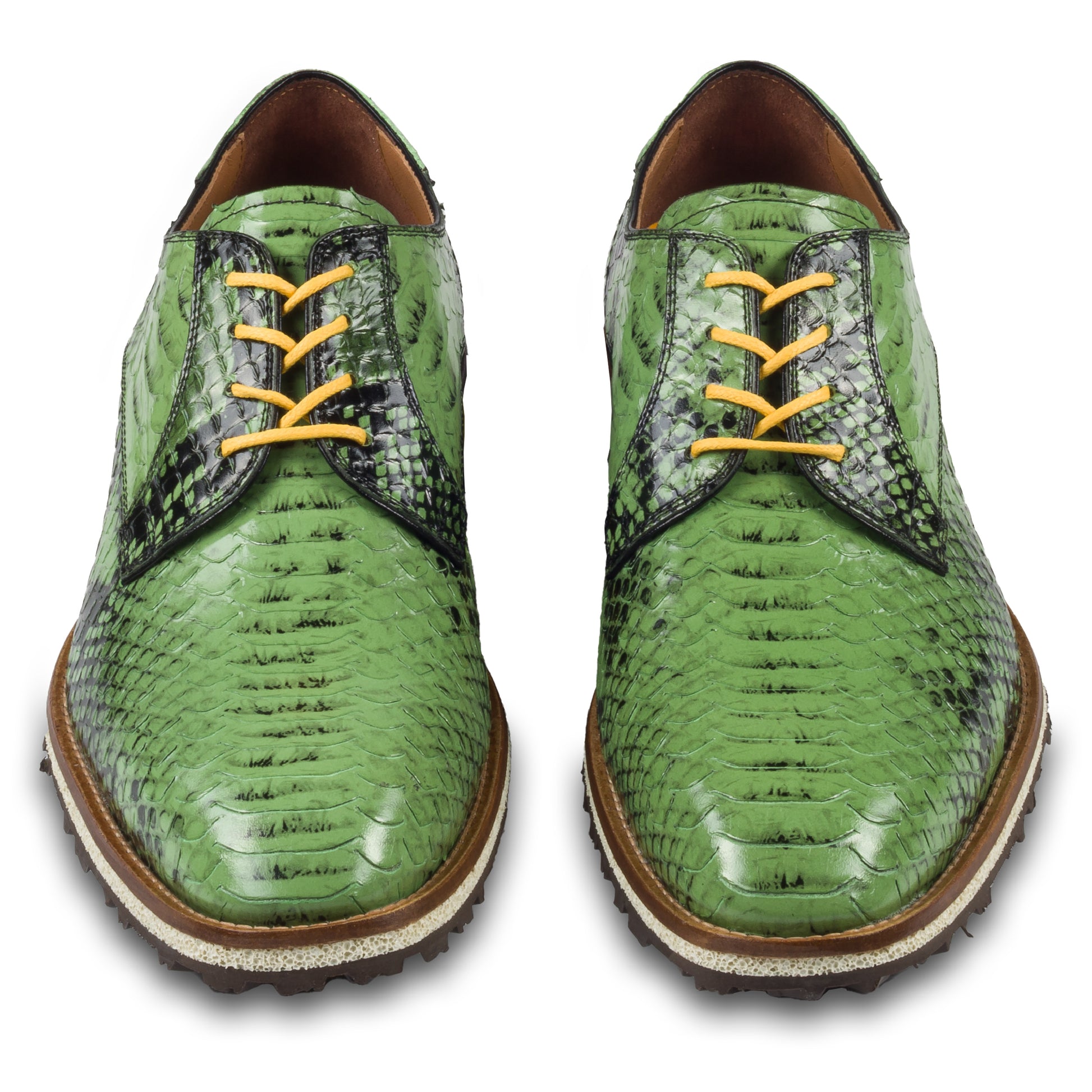 Lorenzi Herren Leder Schnür-Halbschuh in grün / schwarzer Schlangen-Optik. Mit leichter Kreppsohle. Handgefertigt in Italien. Paarweise Ansicht von vorne.