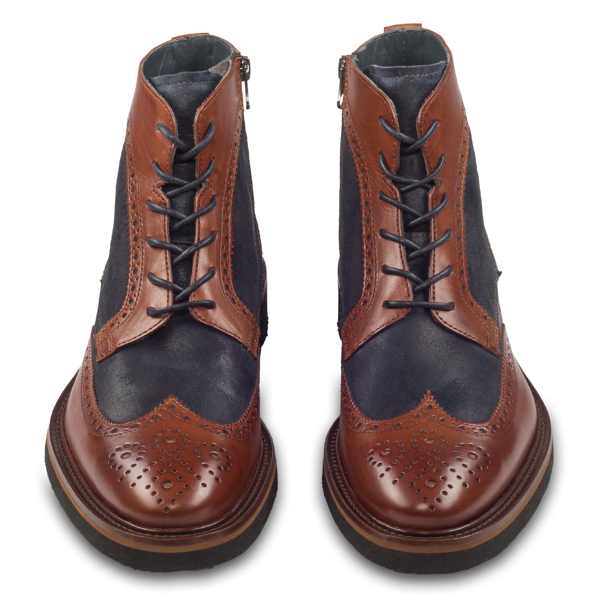 Lorenzi Herren Leder-Stiefelette braun mit blauem Velours-Leder, im Budapester-Stil. Mit Schnürung und Reißverschluß. Handgefertigt und durchgenäht. Paarweise Ansicht von vorne.