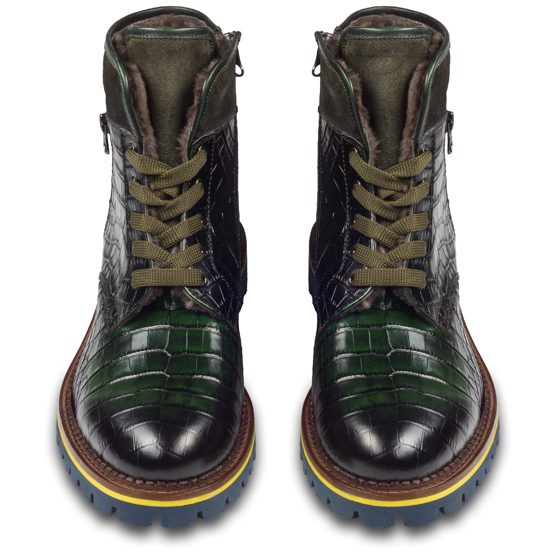 Lorenzi - Herren Kalbsleder Schnürboots grün Reptil Prägung, mit Reißverschluß und Lammfell, durchgenäht. Paarweise Ansicht von vorne.