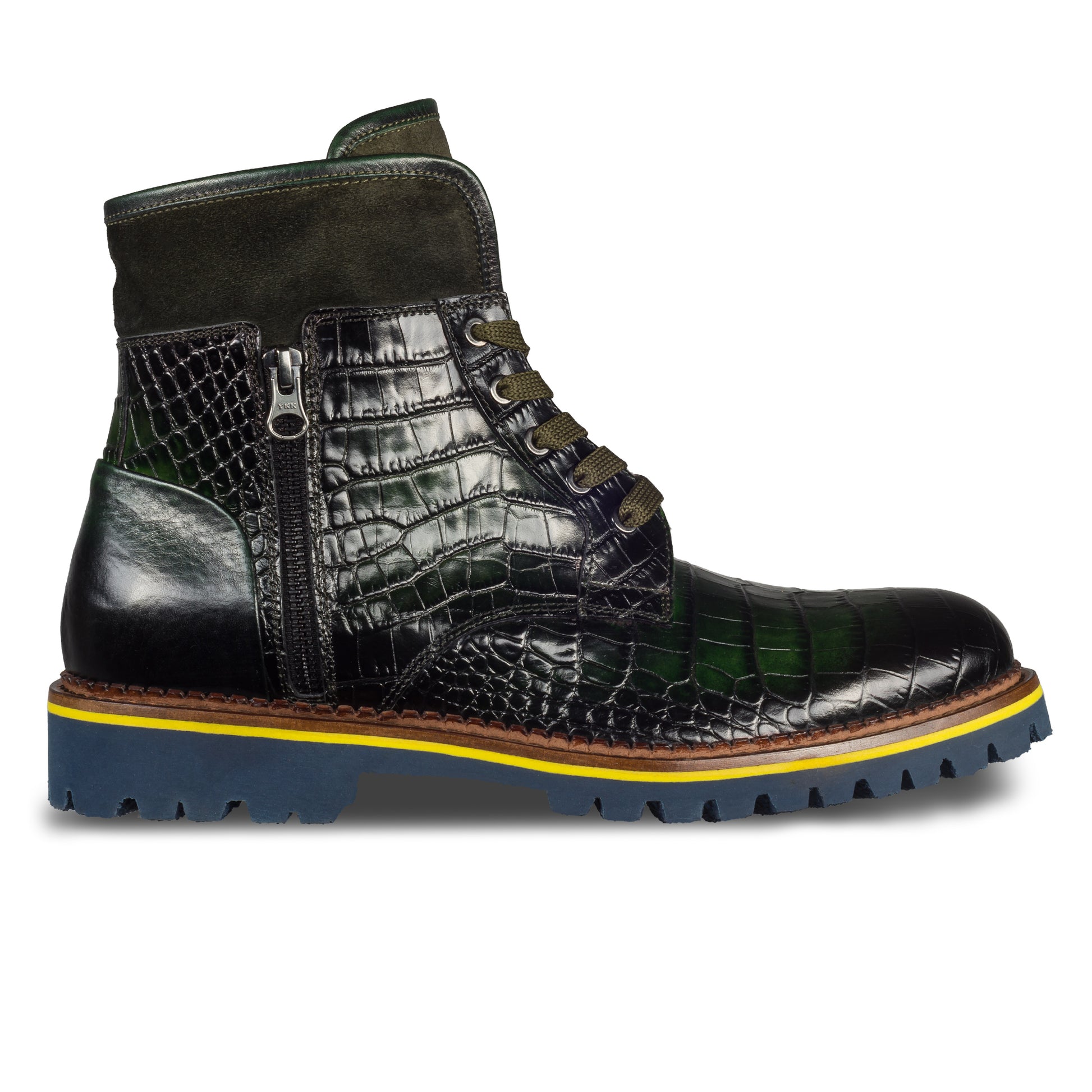 Lorenzi - Herren Kalbsleder Schnürboots grün Reptil Prägung, mit Reißverschluß und Lammfell, durchgenäht. Ansicht der Außenseite rechter Schuh.