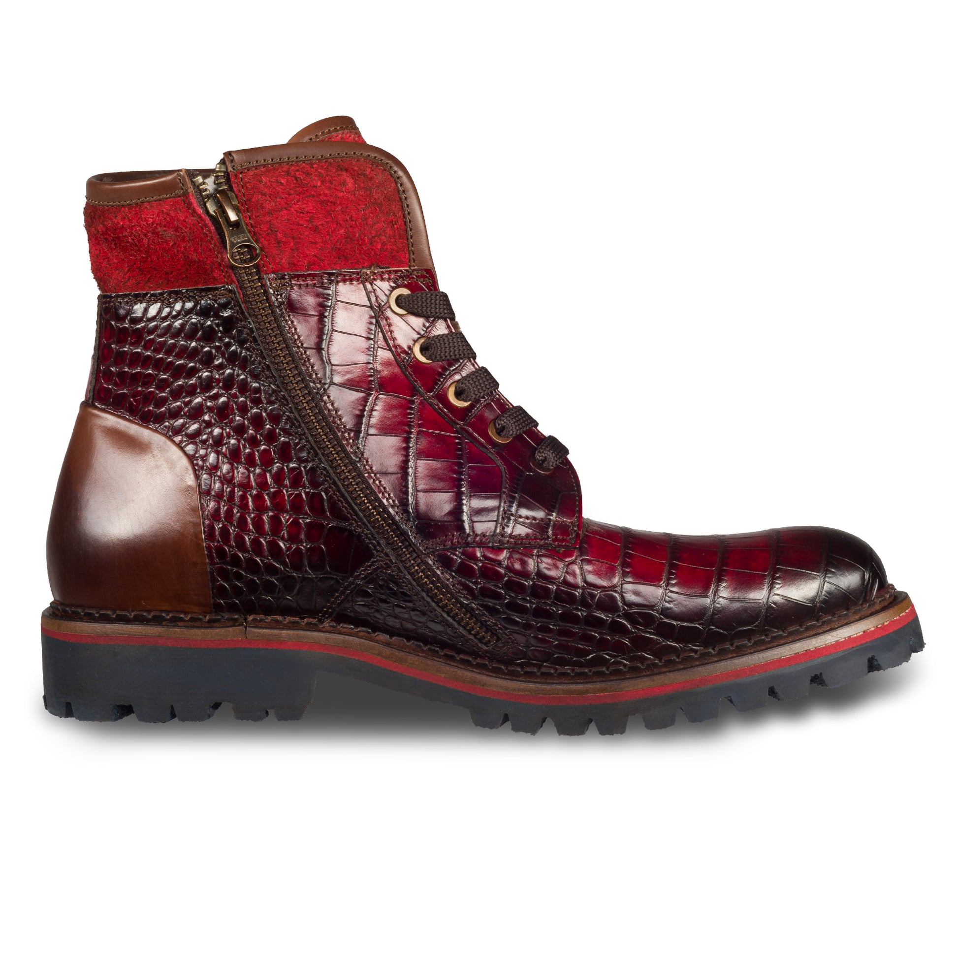 Lorenzi - Herren Kalbsleder Schnürboots rot Reptil Prägung, mit Reißverschluß und Lammfell, durchgenäht. Ansicht der Innenseite linker Schuh.