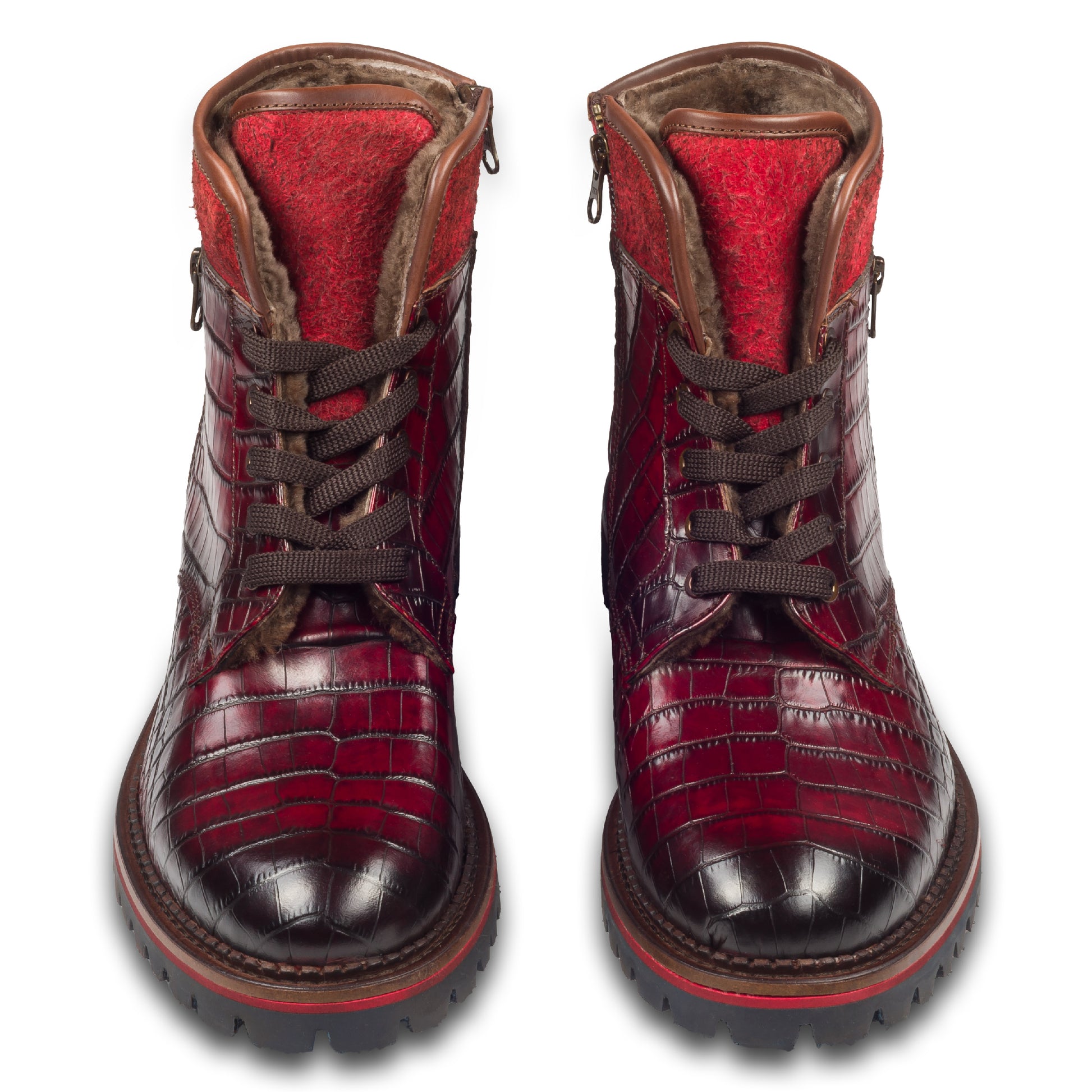 Lorenzi - Herren Kalbsleder Schnürboots rot Reptil Prägung, mit Reißverschluß und Lammfell, durchgenäht. Paarweise Ansicht von vorne.