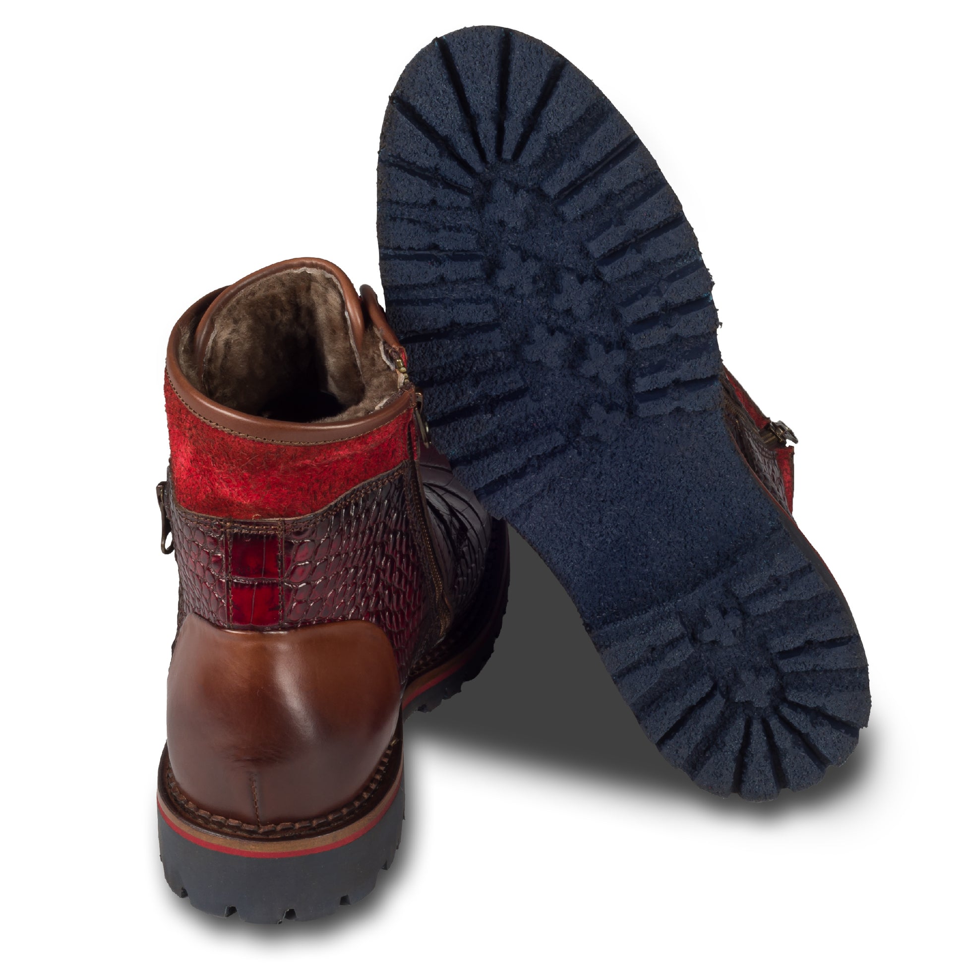 Lorenzi - Herren Kalbsleder Schnürboots rot Reptil Prägung, mit Reißverschluß und Lammfell, durchgenäht. Ansicht der Ferse und Sohlenunterseite.