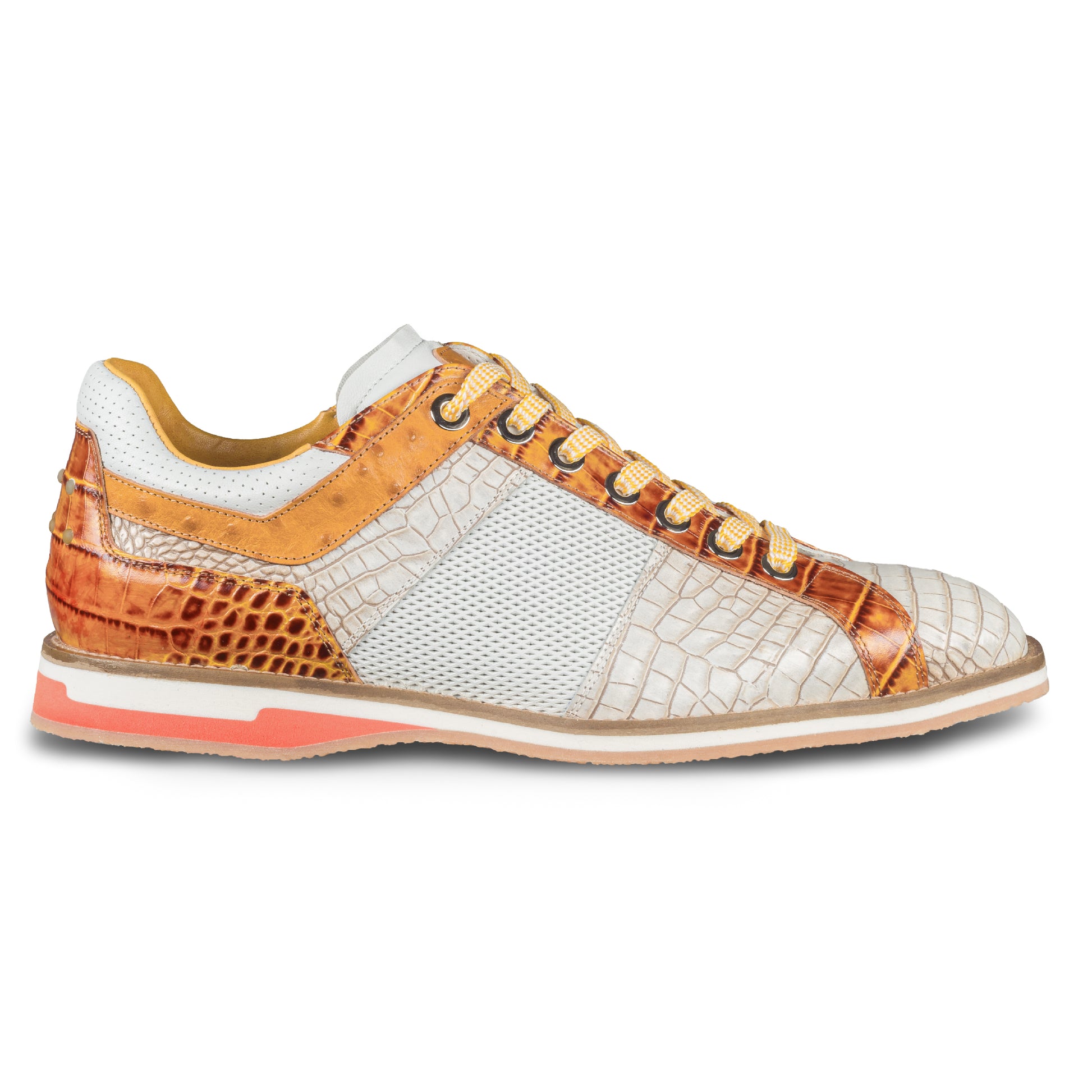 LORENZI Italienische Herren Leder-Sneaker in beige/braun/orange mit Reptil-Prägung und Perforierung. Handgefertigt. Ansicht der Außenseite rechter Schuh.