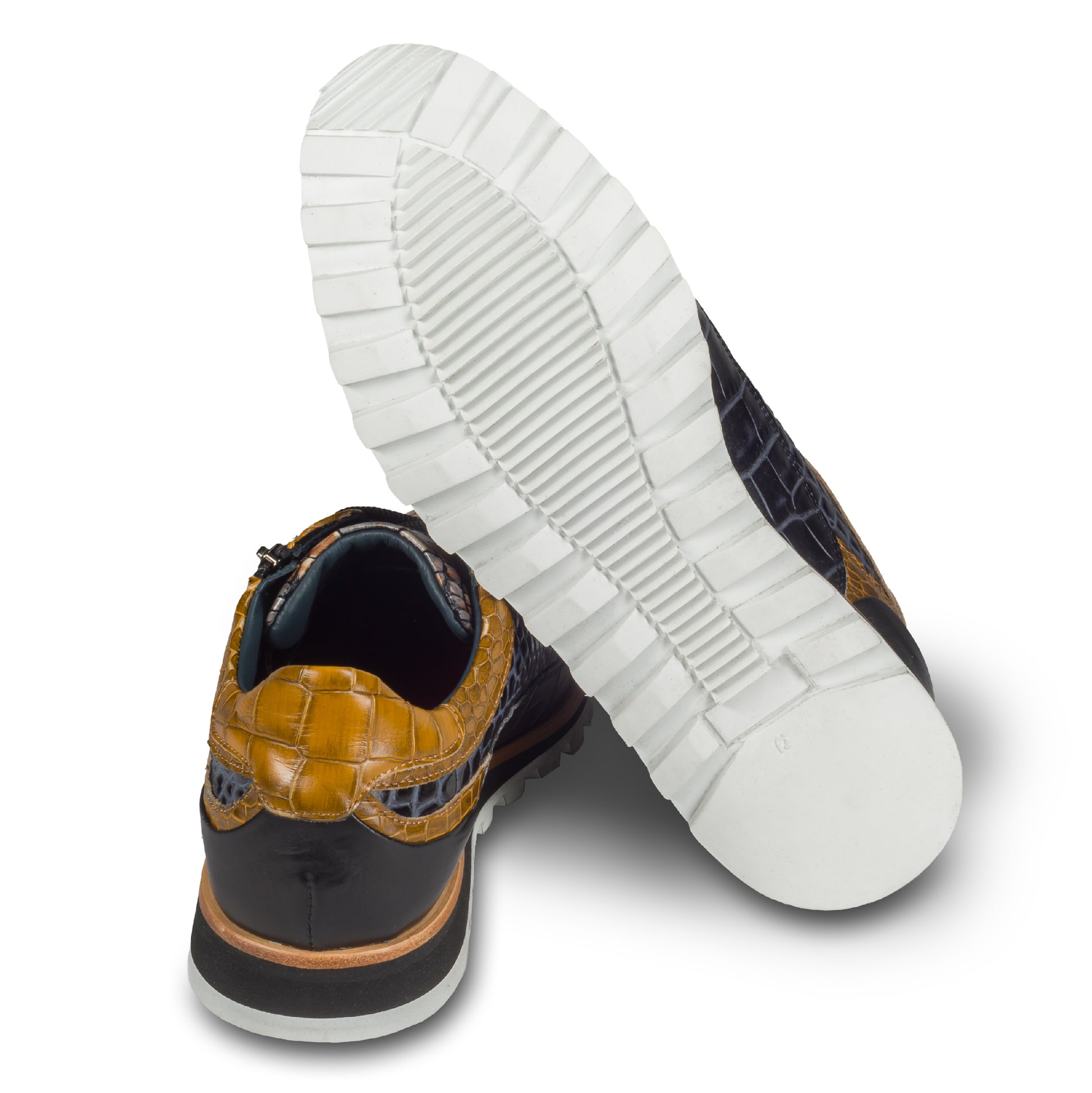 Lorenzi - Herren Leder-Sneaker in blau / braun / schwarz. Aus Kalbsleder mit Kroko-Prägung und Reißverschluß. Handgefertigt in Italien. Ansicht der Ferse und Sohlenunterseite.