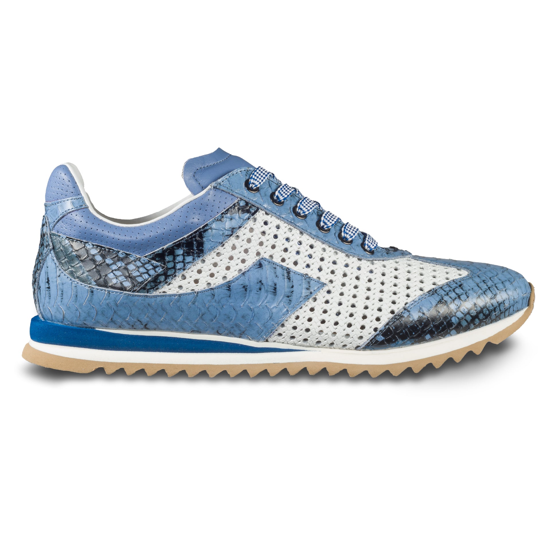 Lorenzi Herren Leder Sneaker in blau / weiß mit Schlangen-Prägung und perforiertem Kalbsleder. Handgefertigt in Italien. Ansicht der Außenseite rechter Schuh.
