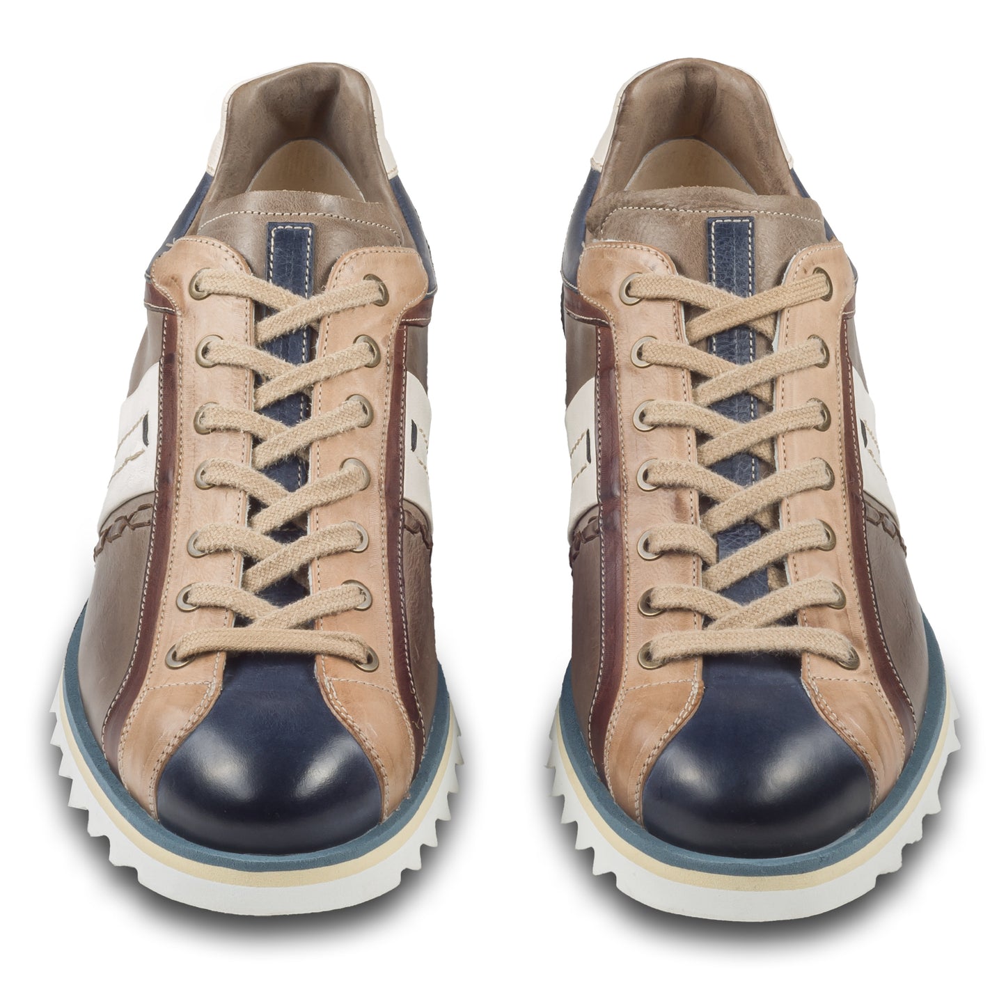 Lorenzi Herren Sneaker aus Kalbsleder in braun und blau mit weiß. Handgefertigt und Durchgenäht. Paarweise Ansicht von vorne.