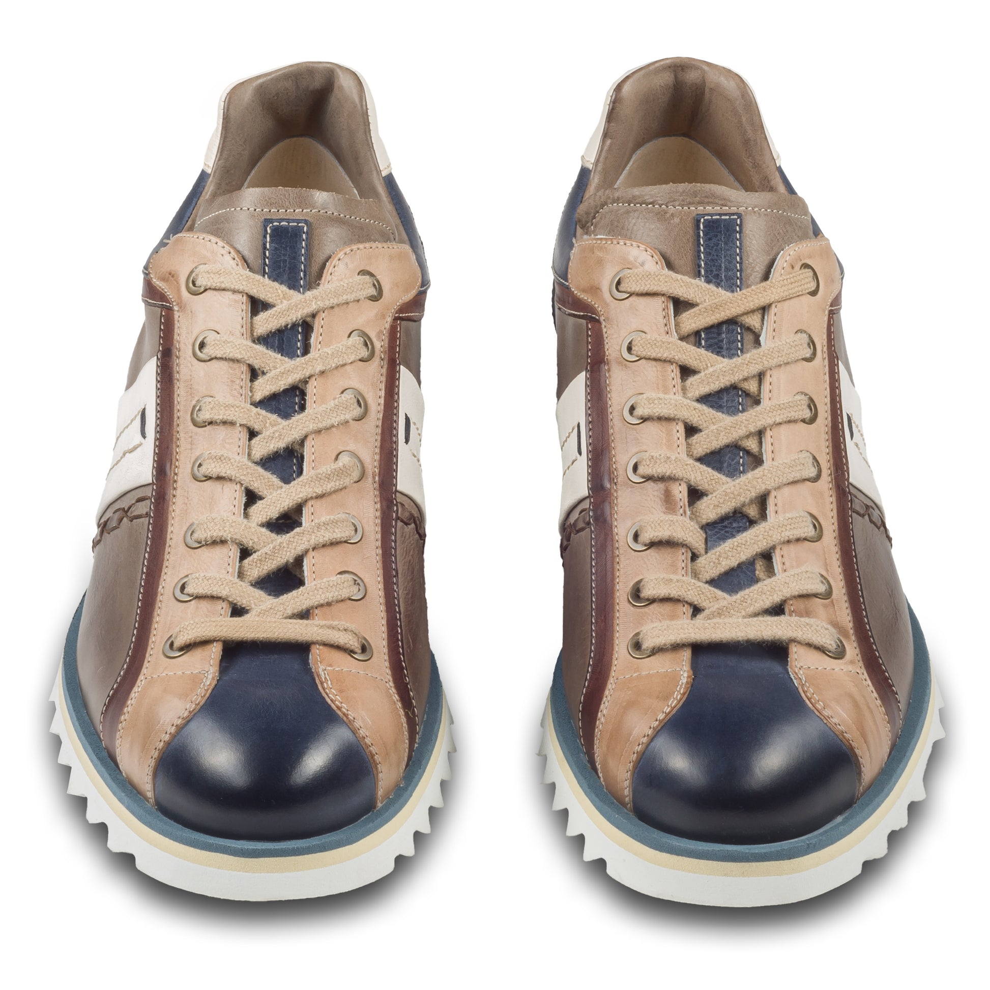 Lorenzi Herren Sneaker aus Kalbsleder in braun und blau mit weiß. Handgefertigt und Durchgenäht. Paarweise Ansicht von vorne.
