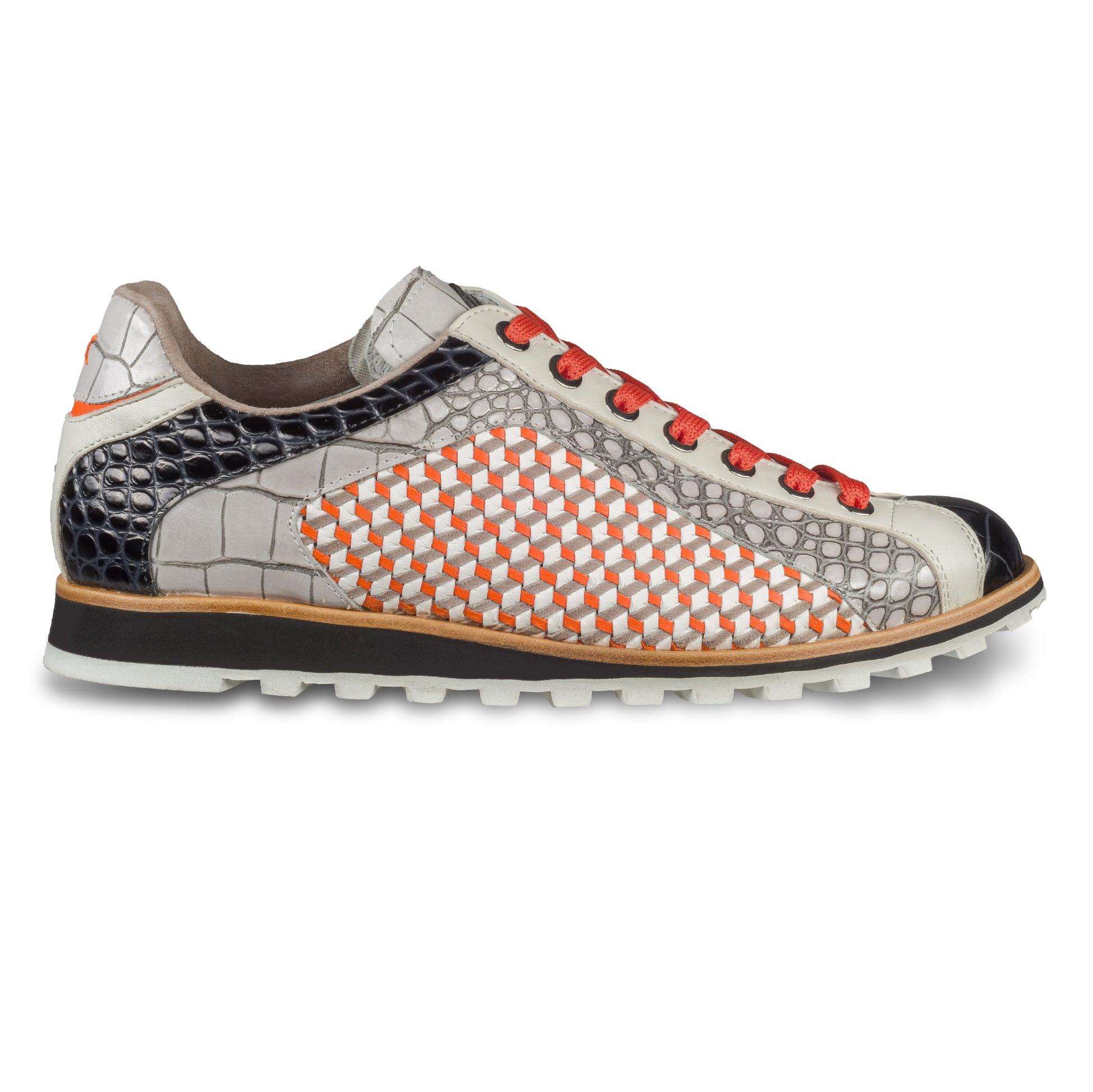 LORENZI Italienische Herren Leder-Sneaker in grau, orange und schwarz mit Reptil-Prägung und Flechtleder. Handgefertigt. Ansicht der Außenseite rechter Schuh.