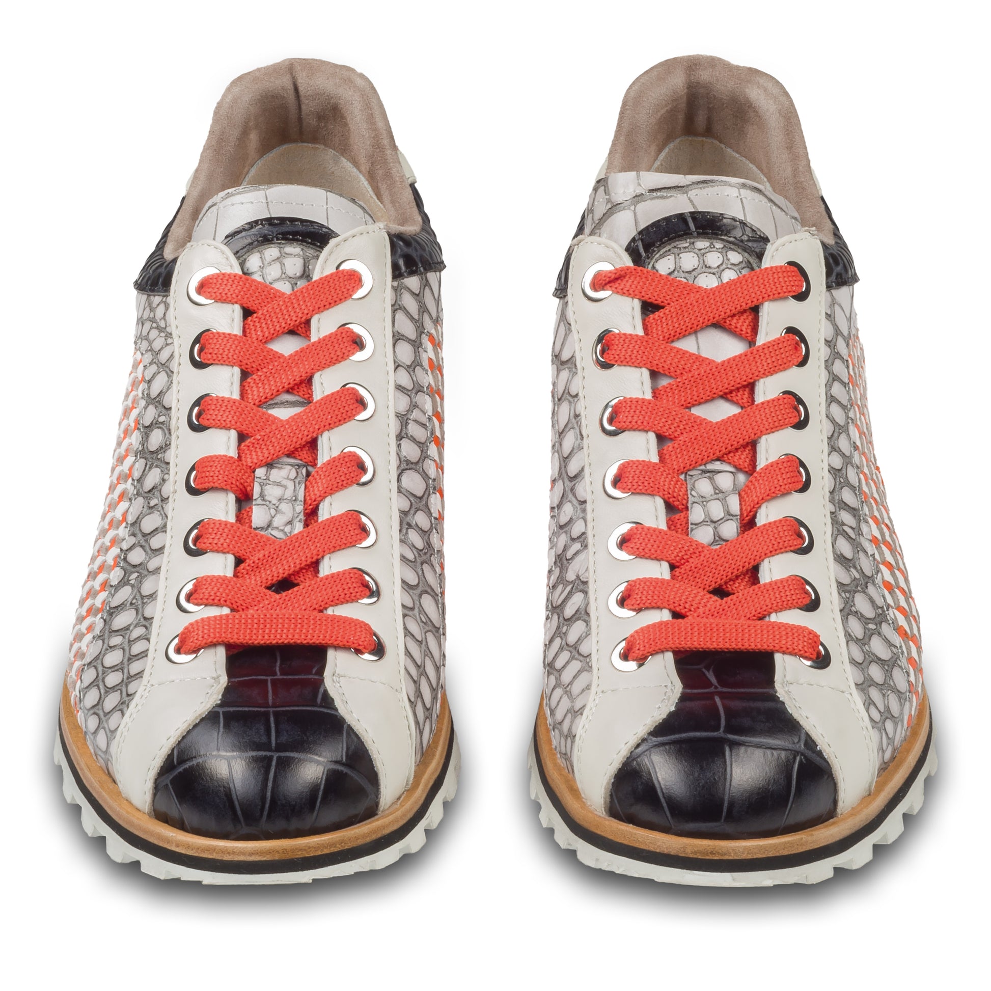 LORENZI Italienische Herren Leder-Sneaker in grau, orange und schwarz mit Reptil-Prägung und Flechtleder. Handgefertigt. Paarweise Ansicht von vorne.